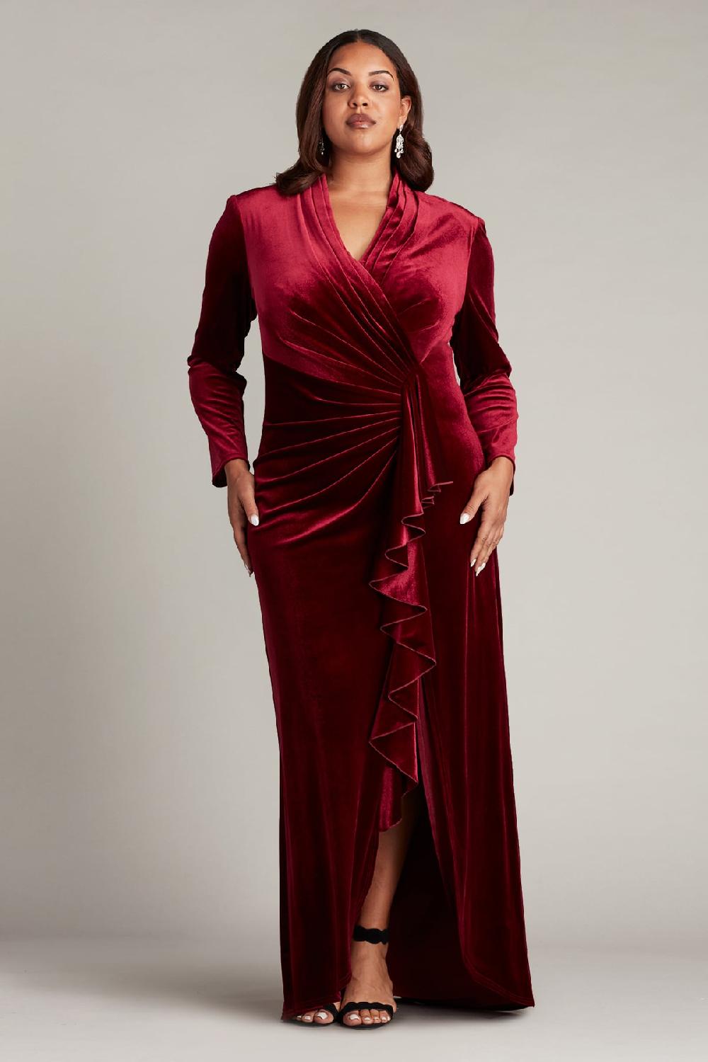 Tadashi Shoji Markum Long-Sleeve Velvet Flounce Gown - PLUS SIZE