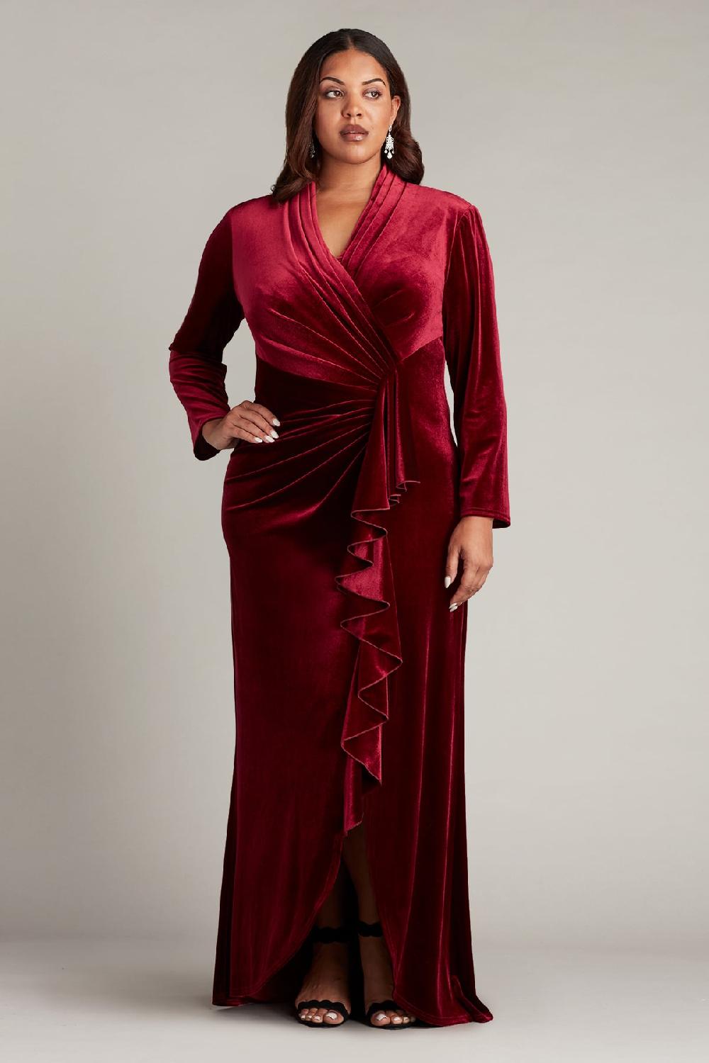tadashi shoji Markum Long-Sleeve Velvet Flounce Gown - PLUS SIZE