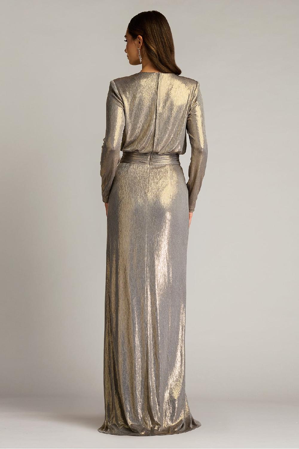 Tadashi Shoji Pomona Metallic Waterfall Flounce Gown