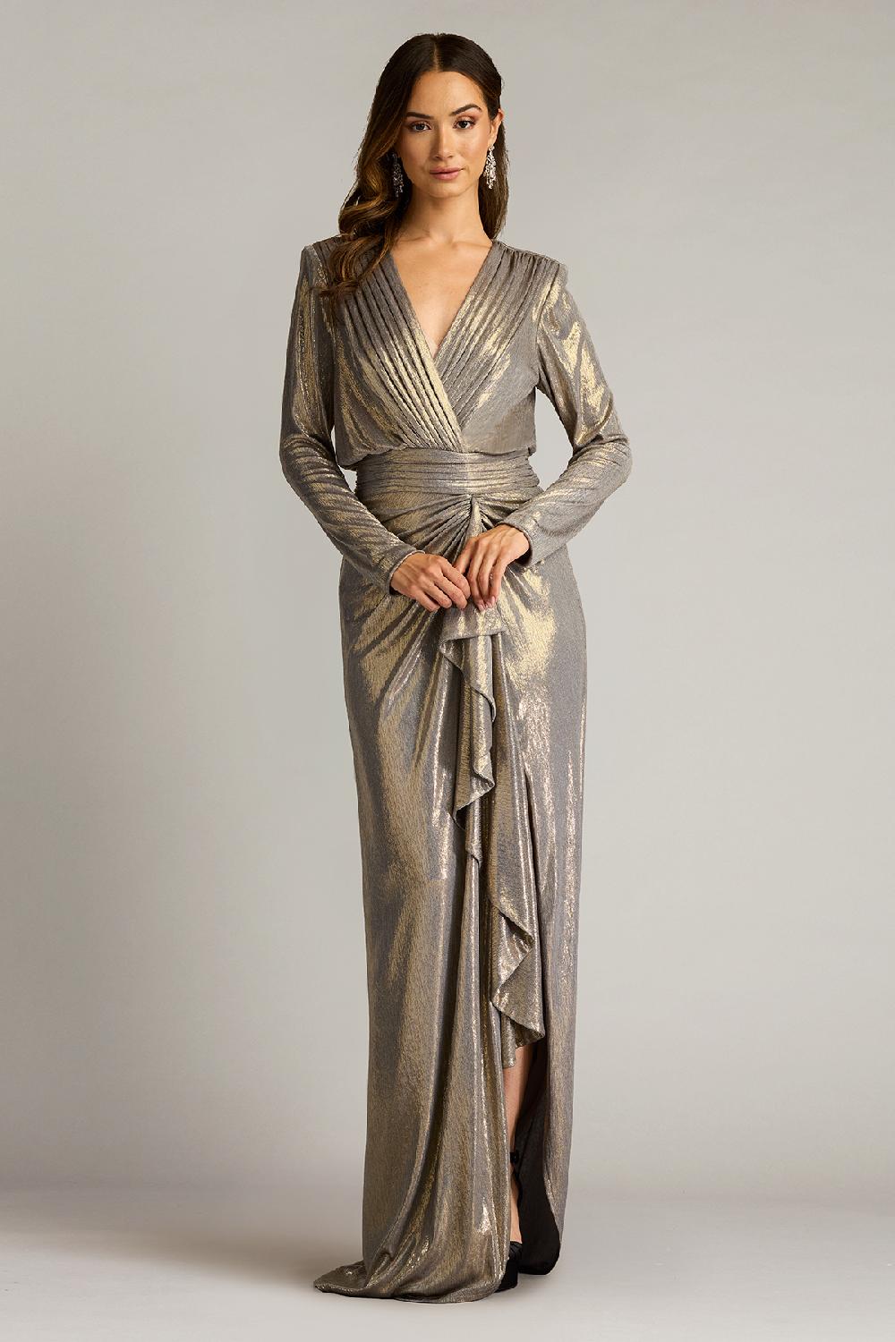 Tadashi Shoji Pomona Metallic Waterfall Flounce Gown