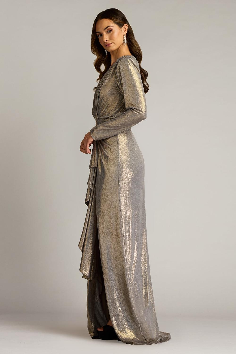 Tadashi Shoji Pomona Metallic Waterfall Flounce Gown