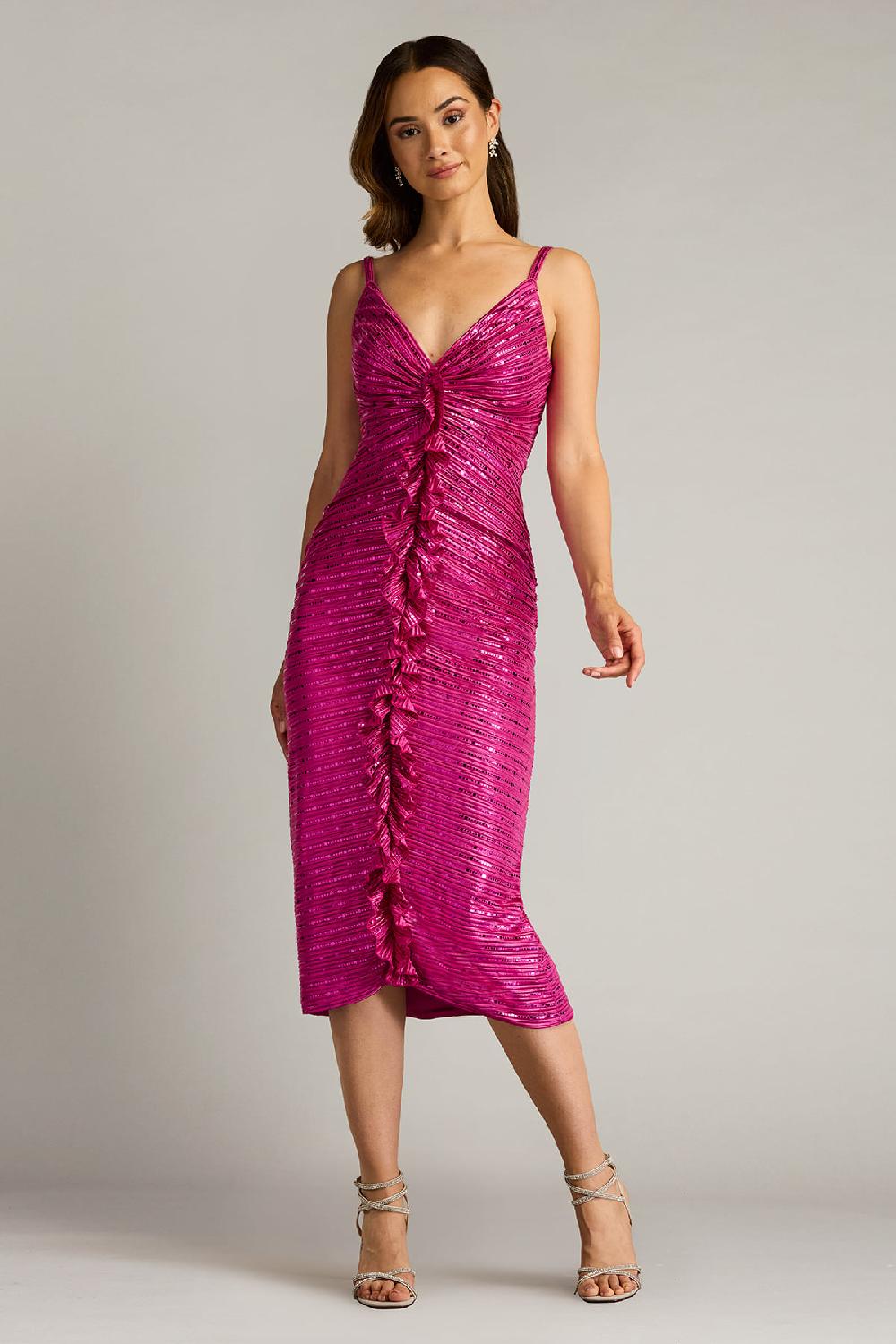 Tadashi Shoji Abby Sequin Ruffle Midi Dress