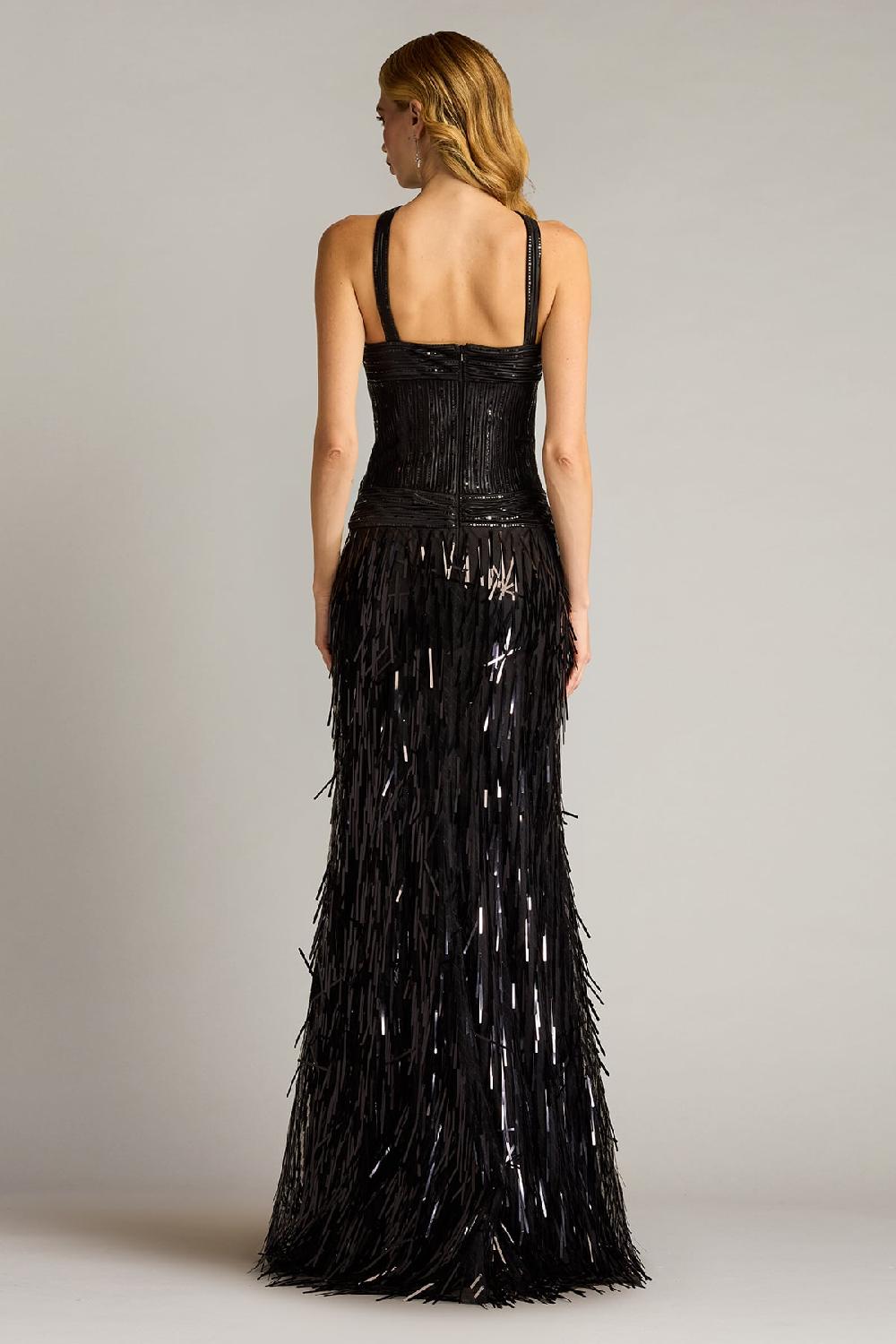 Tadashi Shoji Ares Sequin Fringe Halter Gown