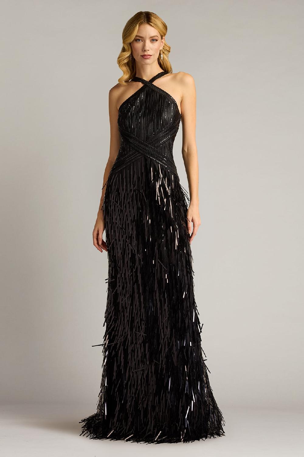 Tadashi Shoji Ares Sequin Fringe Halter Gown
