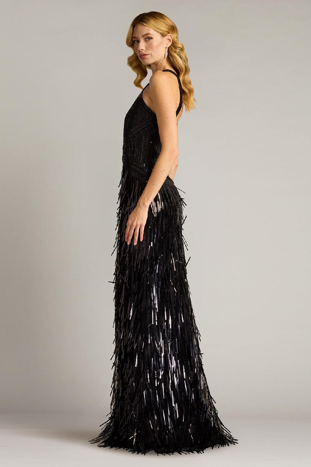 Tadashi Shoji Ares Sequin Fringe Halter Gown