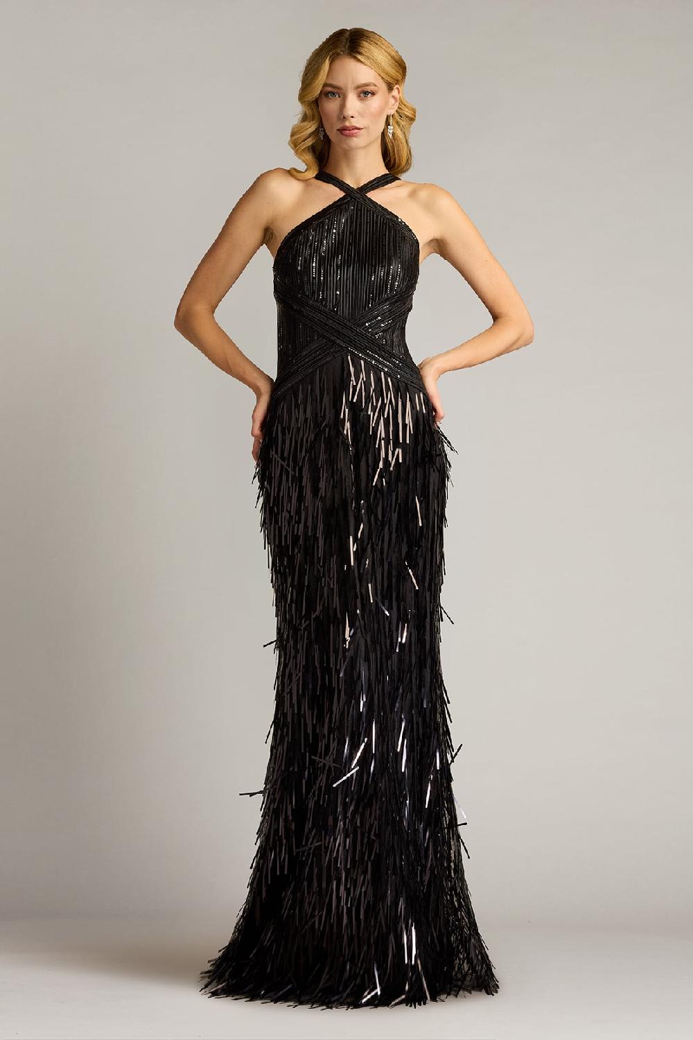 tadashi shoji Ares Sequin Fringe Halter Gown