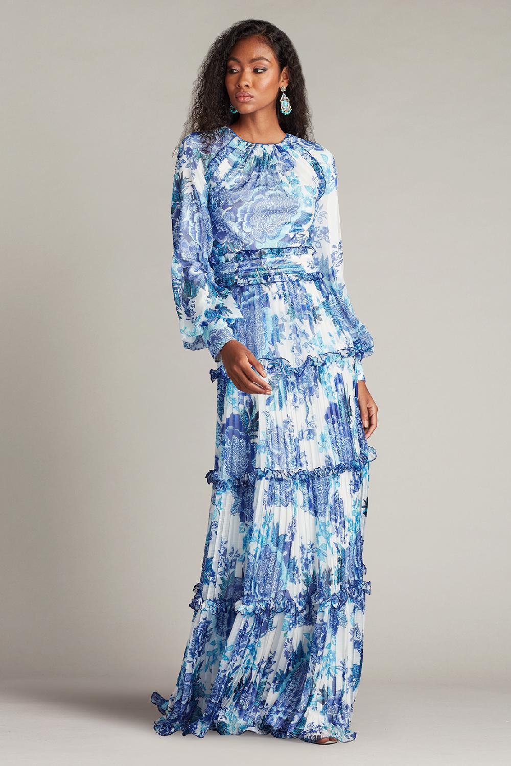 Tadashi Shoji Atlas Pleated Floral Print Gown