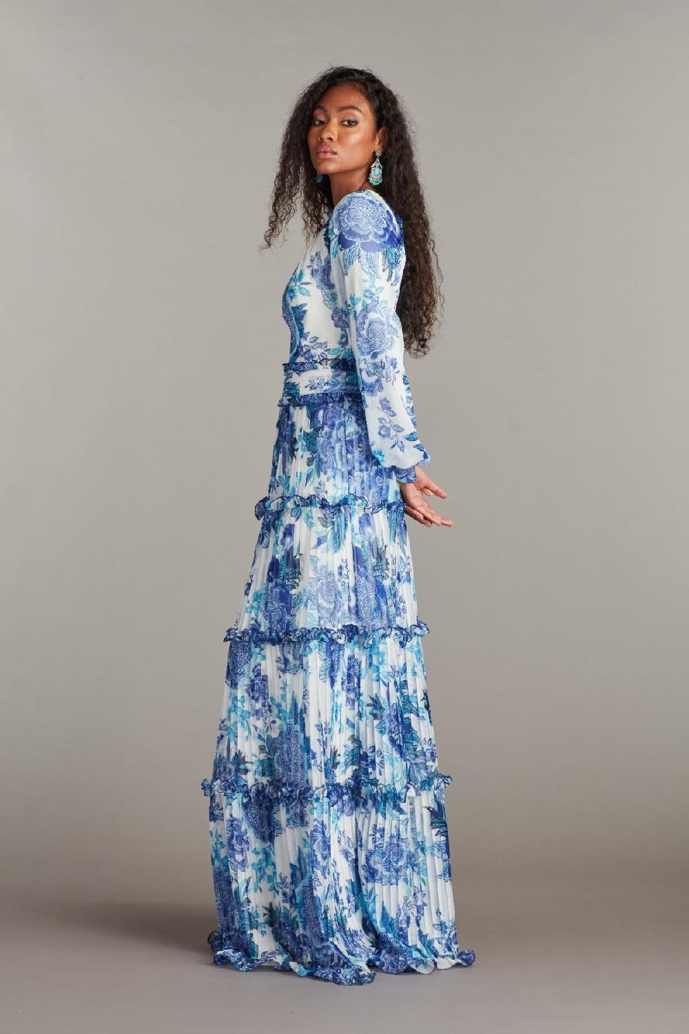 Tadashi Shoji Atlas Pleated Floral Print Gown