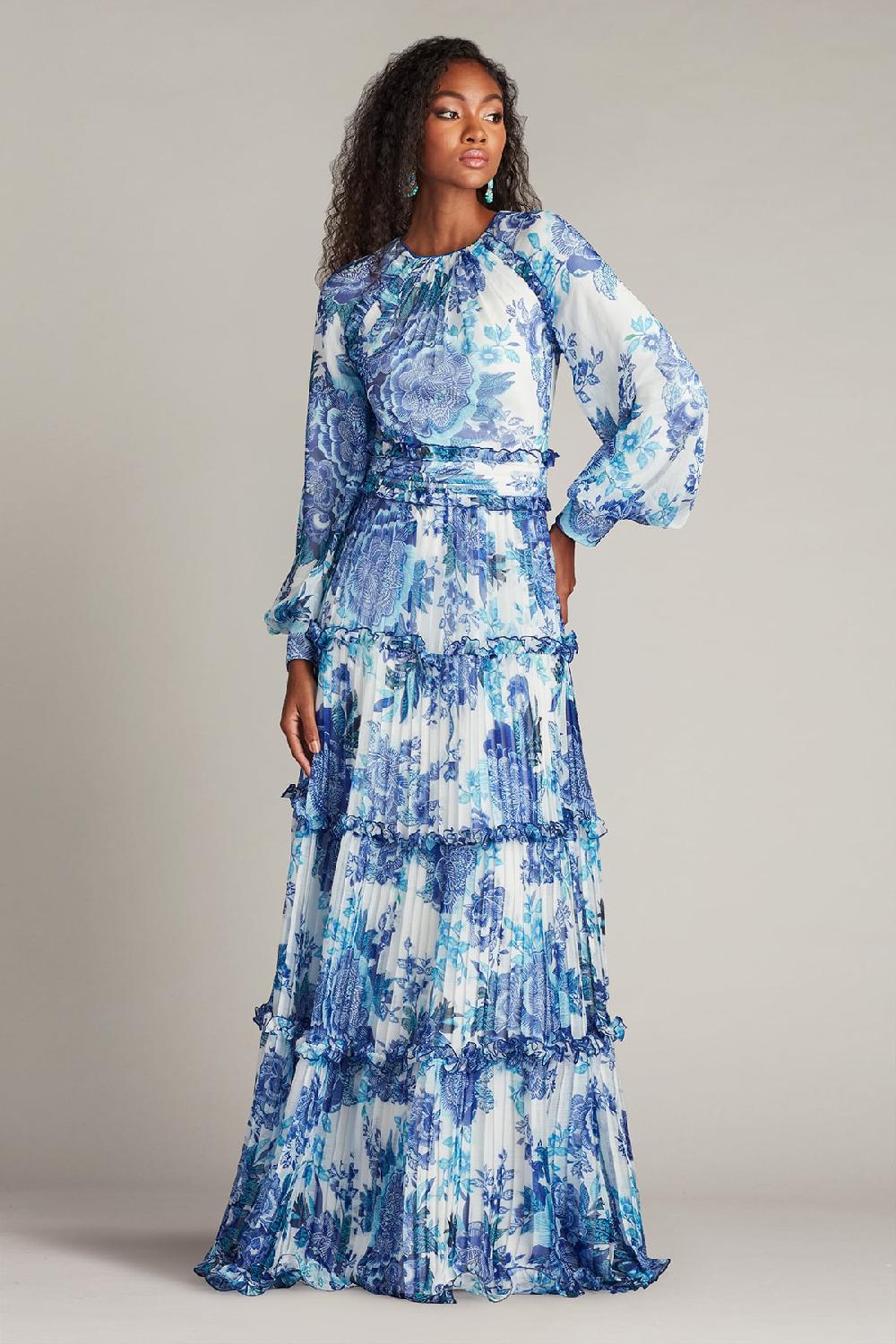 tadashi shoji Atlas Pleated Floral Print Gown