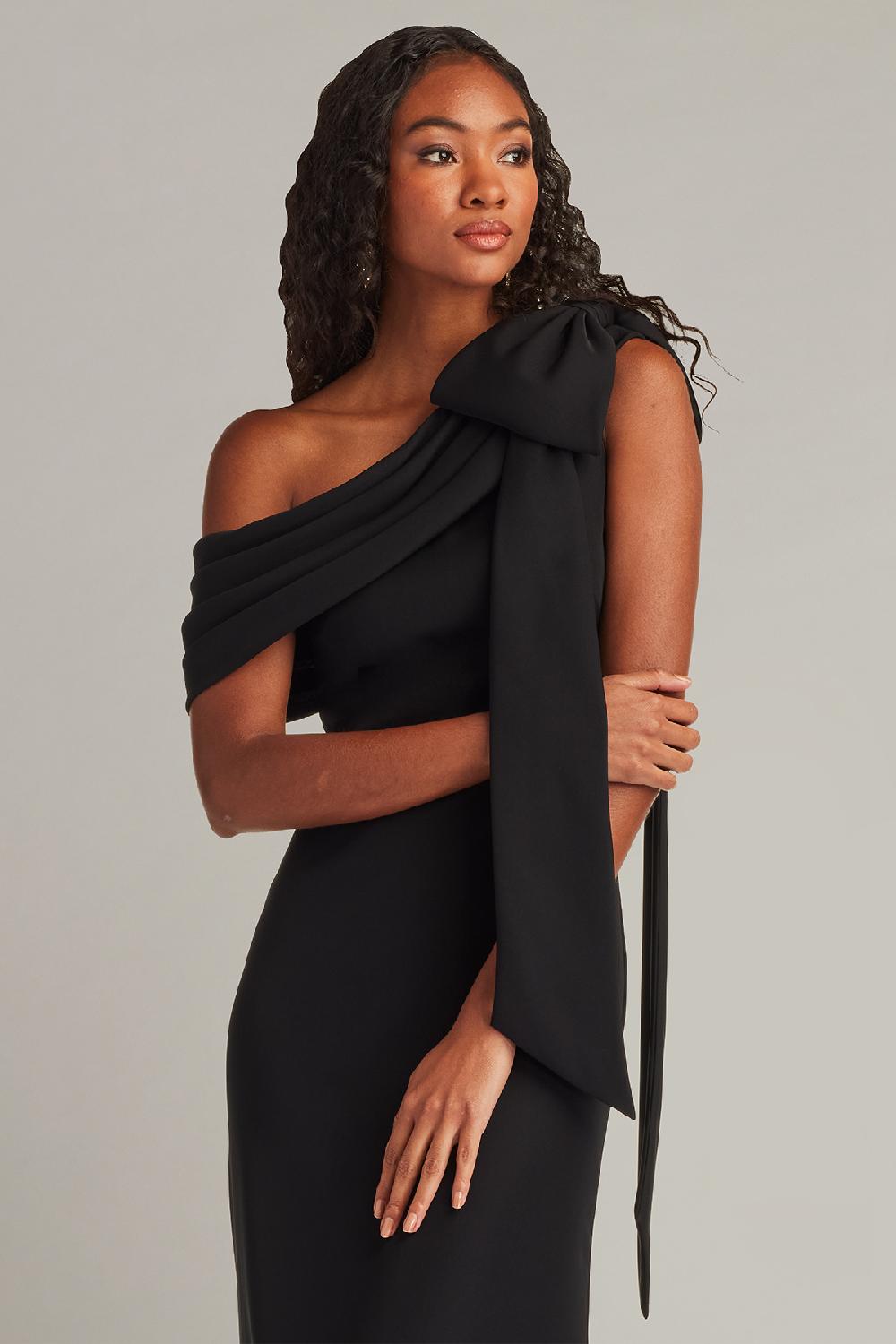 Tadashi Shoji Cassia Bow-Shoulder Crepe Gown