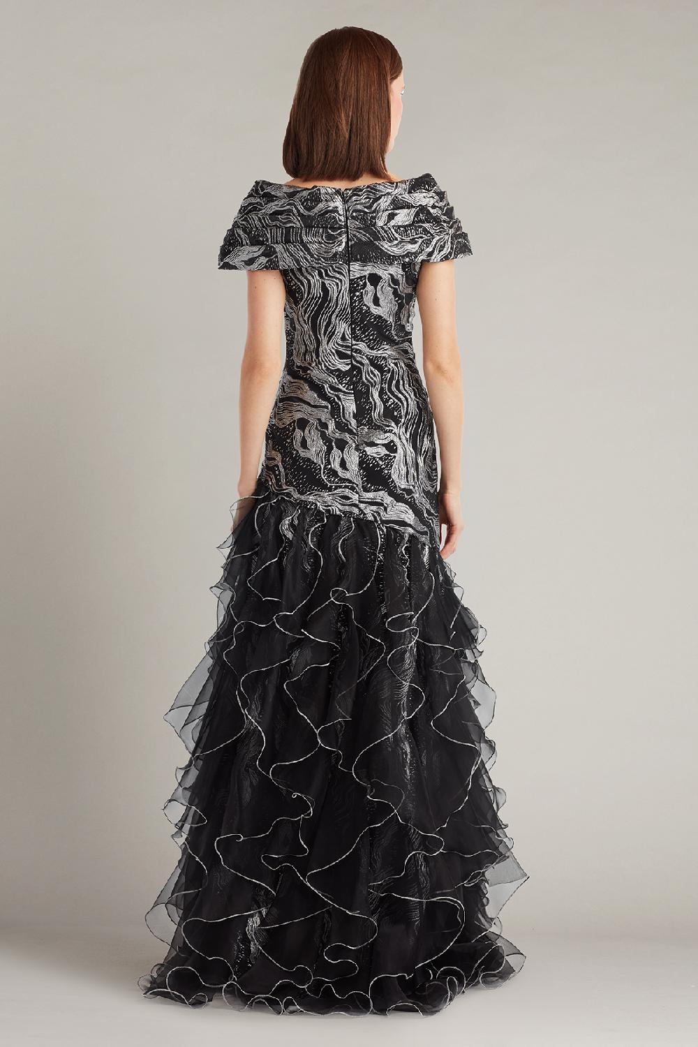 Tadashi Shoji Cosmina Stardust Motif Ruffle Gown