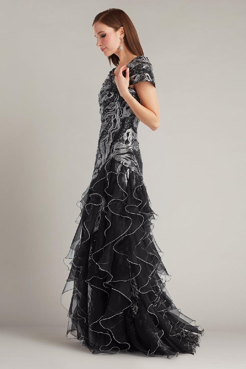 Tadashi Shoji Cosmina Stardust Motif Ruffle Gown