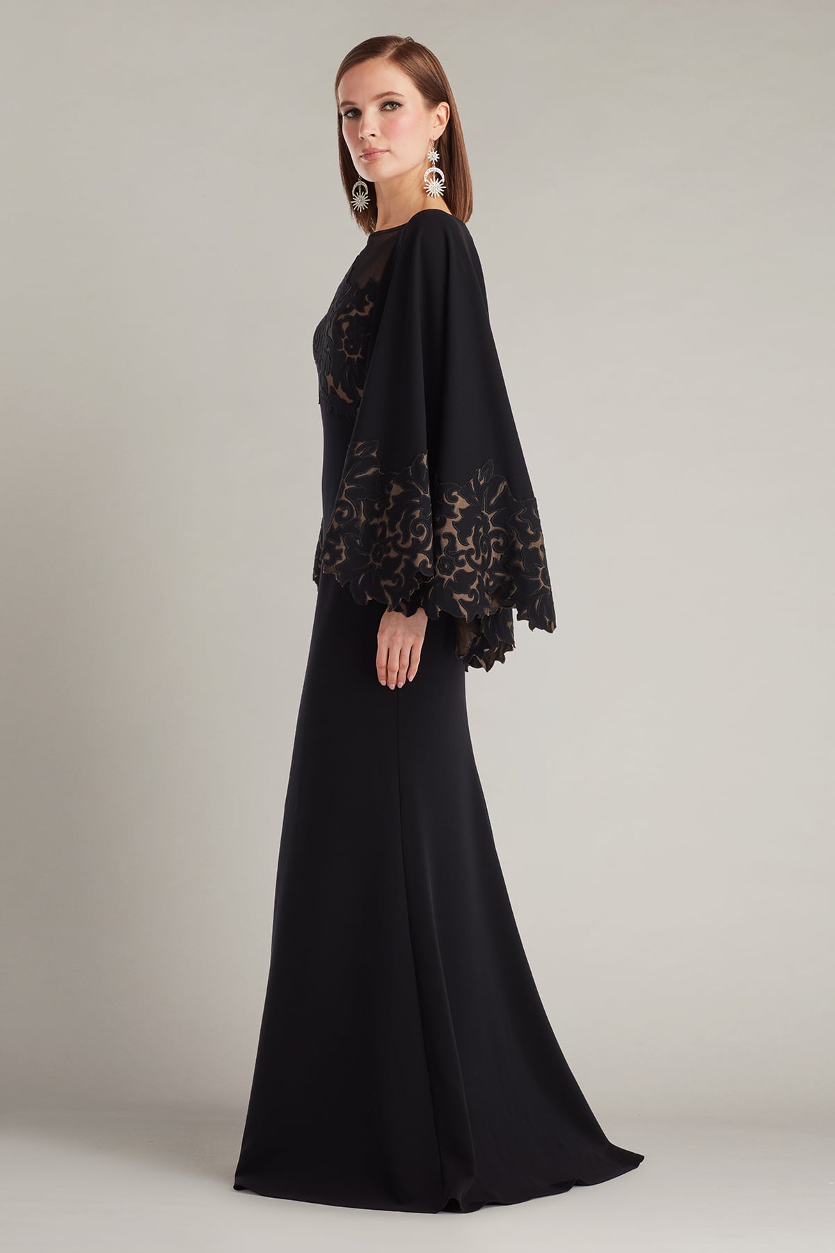 Tadashi Shoji Delgado Laser-Cut Capelet Gown