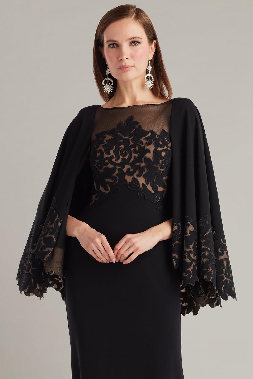 Tadashi Shoji Delgado Laser-Cut Capelet Gown