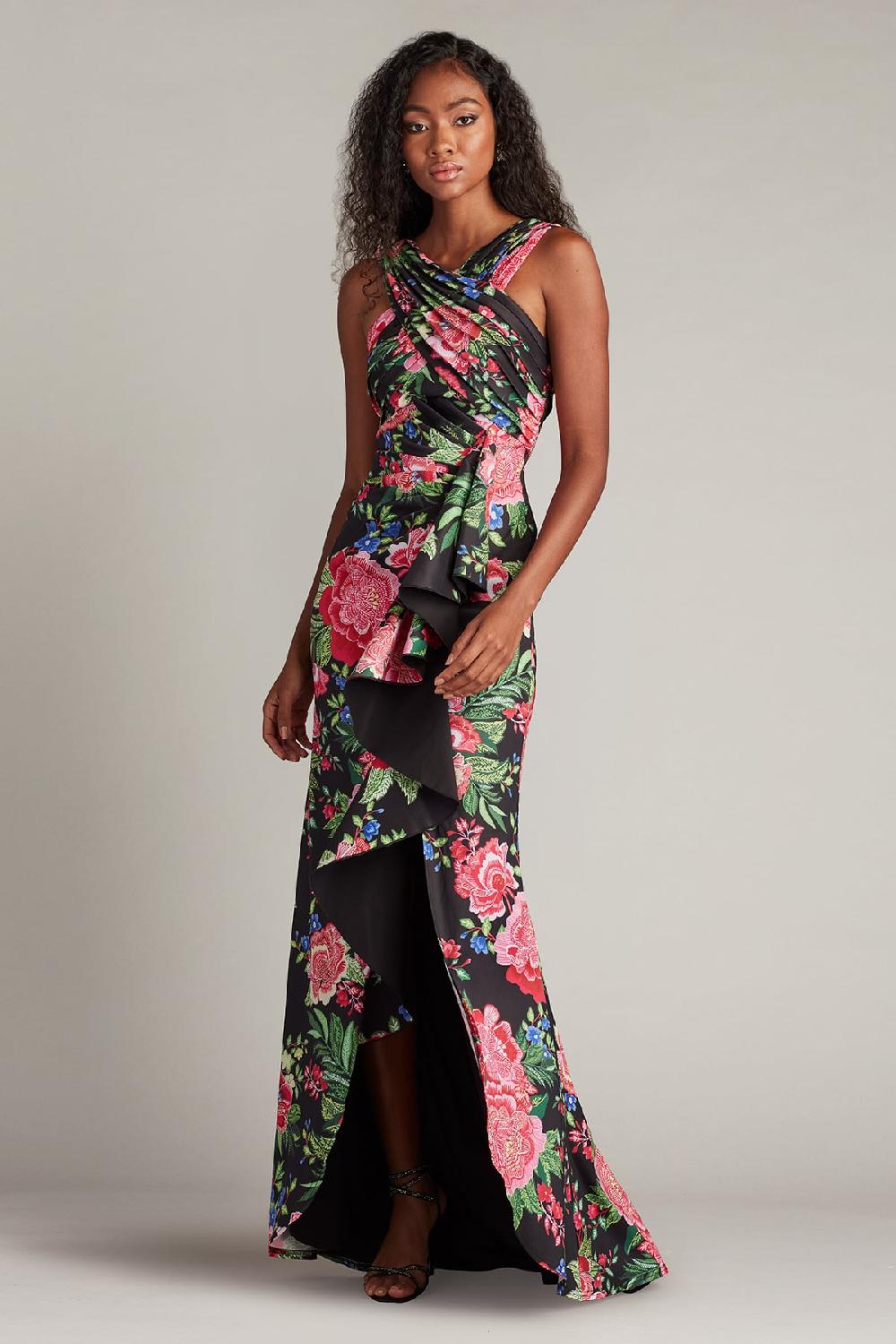 Tadashi Shoji Elarra Floral Waterfall Flounce Gown