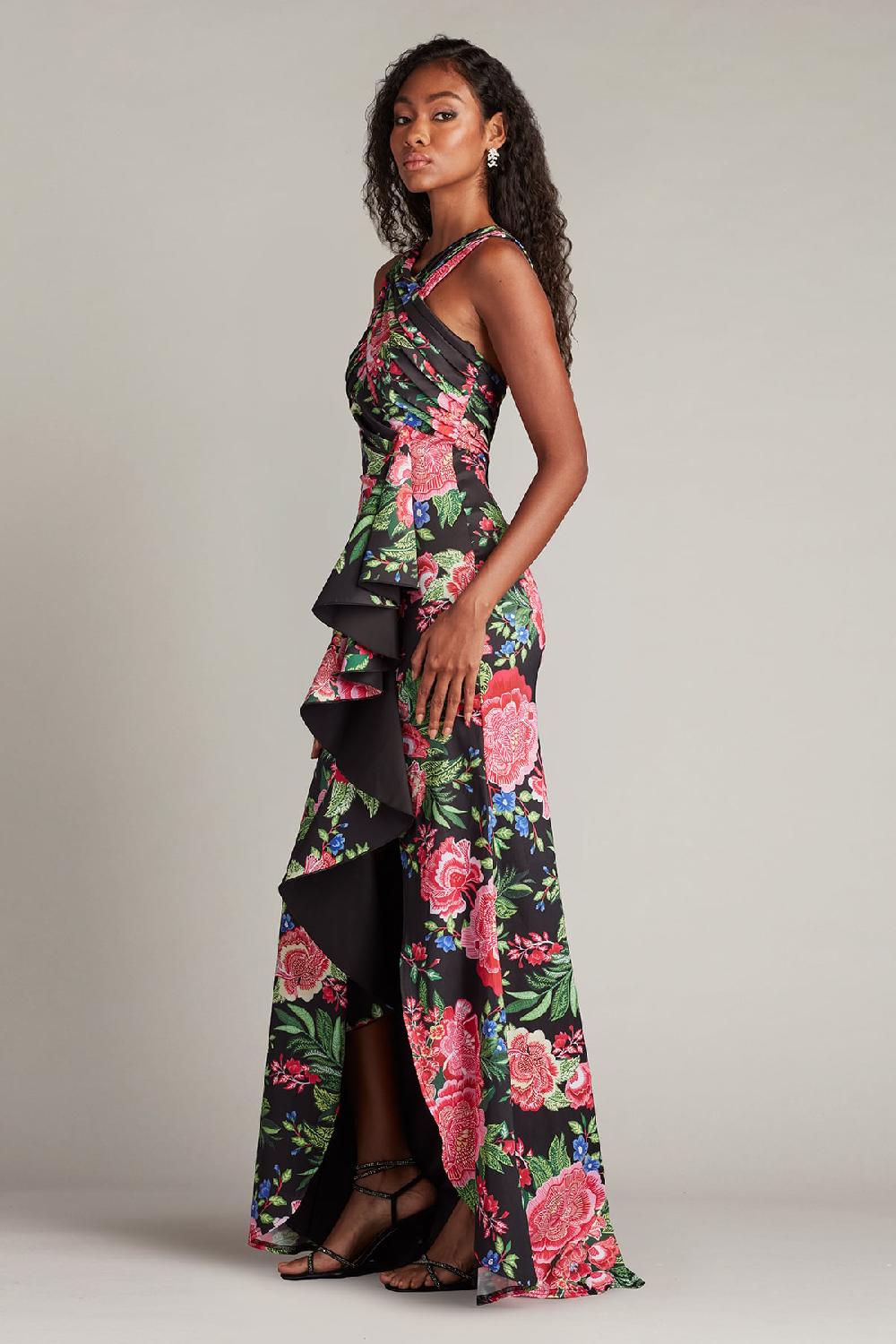 Tadashi Shoji Elarra Floral Waterfall Flounce Gown