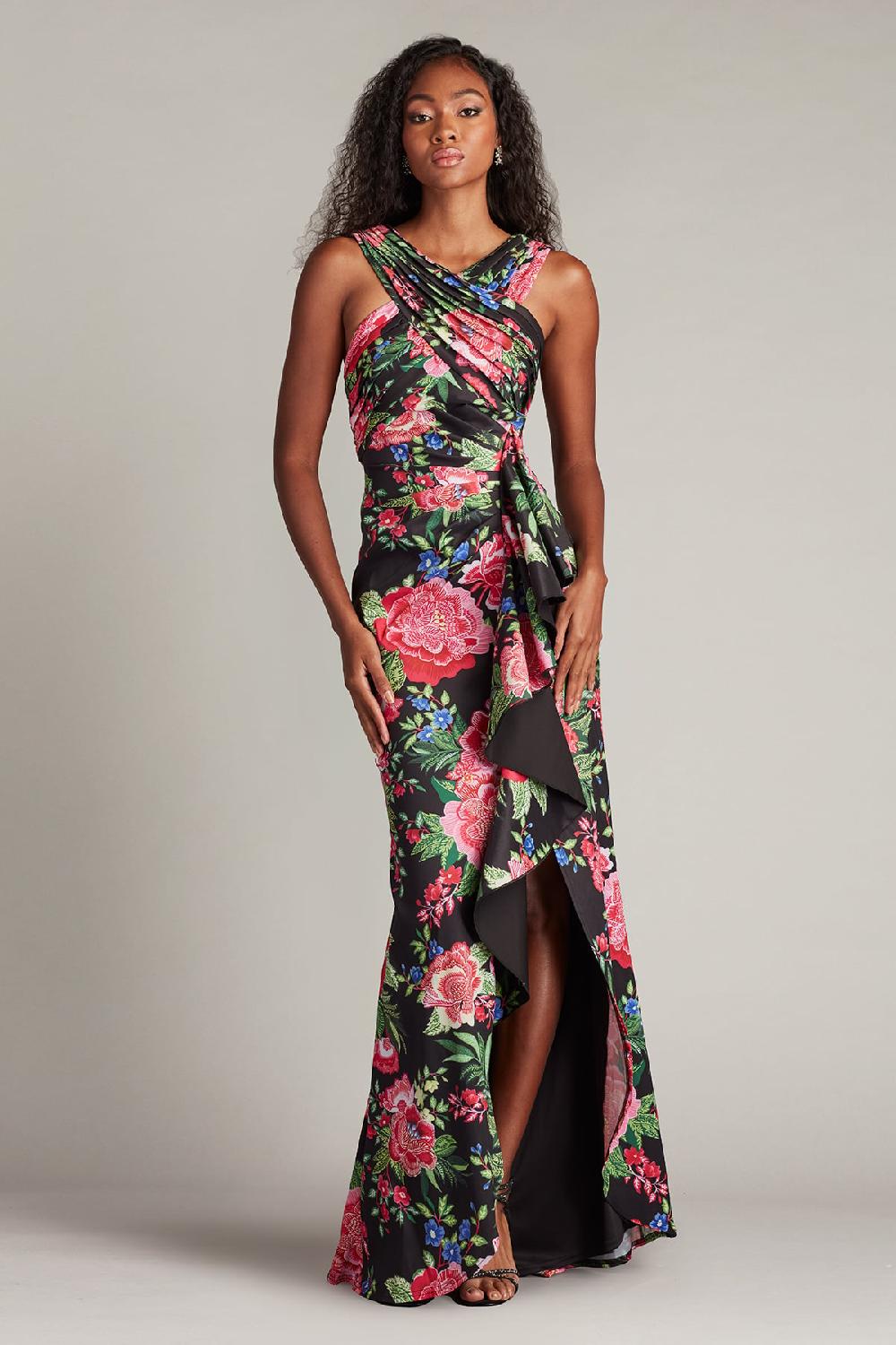 tadashi shoji Elarra Floral Waterfall Flounce Gown