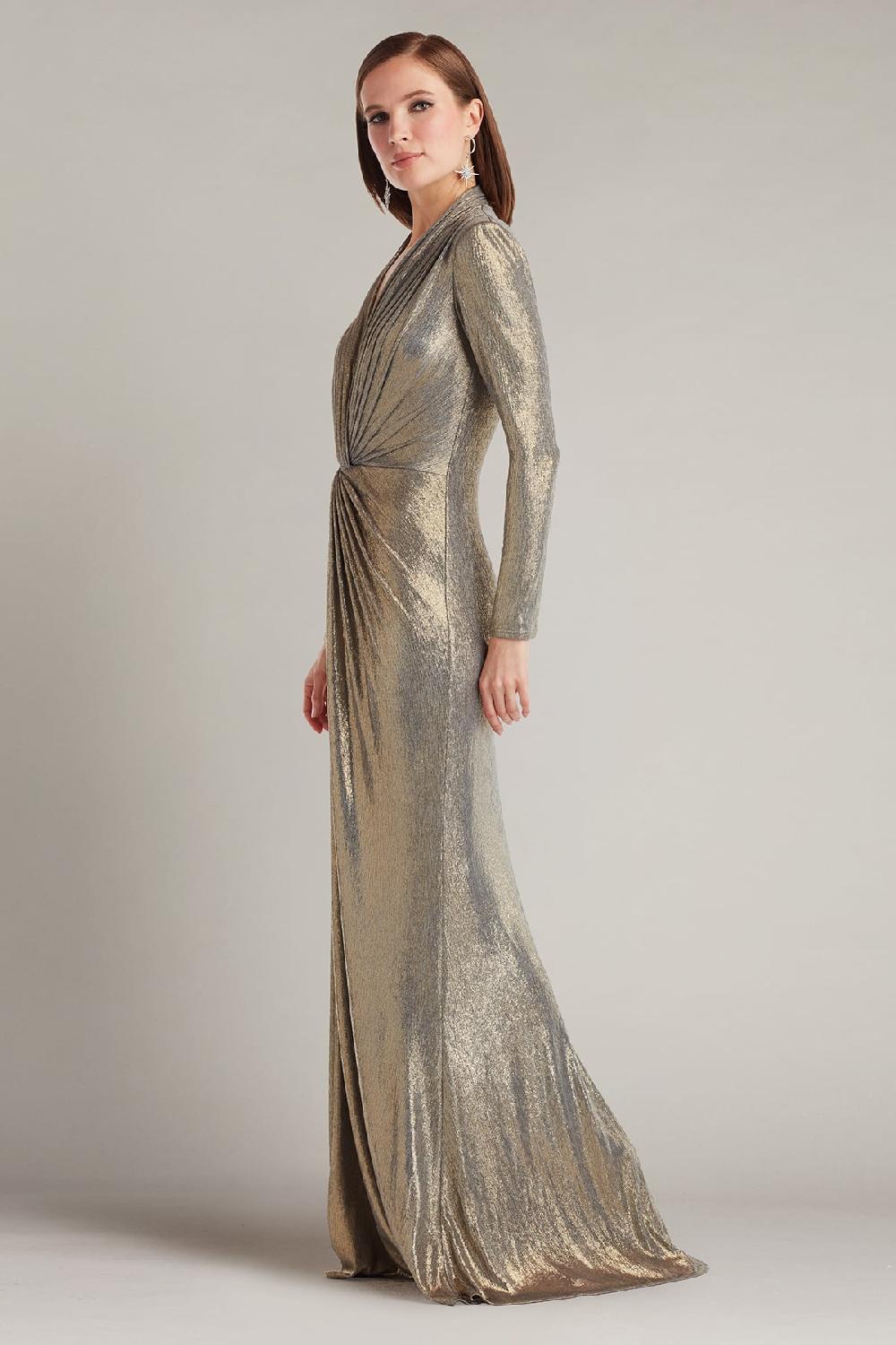 Tadashi Shoji Ferrum Metallic Twist Drape Gown