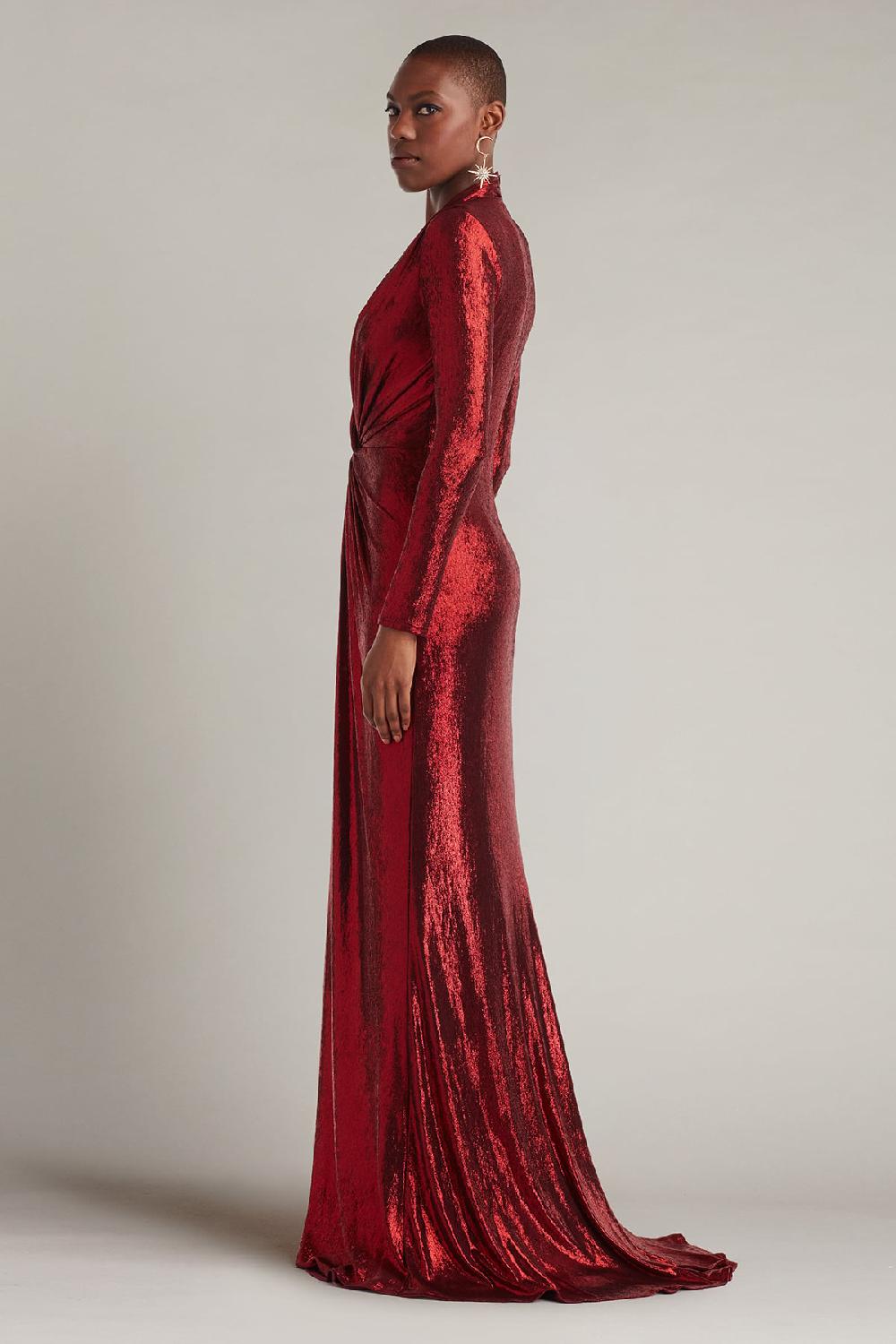 Tadashi Shoji Ferrum Metallic Twist Drape Gown