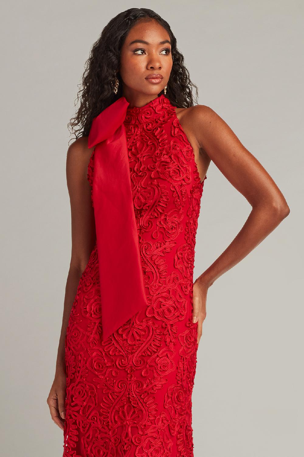 Tadashi Shoji Iria Shoulder Bow Lace Halter Gown