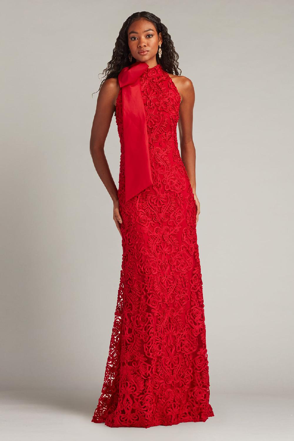 tadashi shoji Iria Shoulder Bow Lace Halter Gown