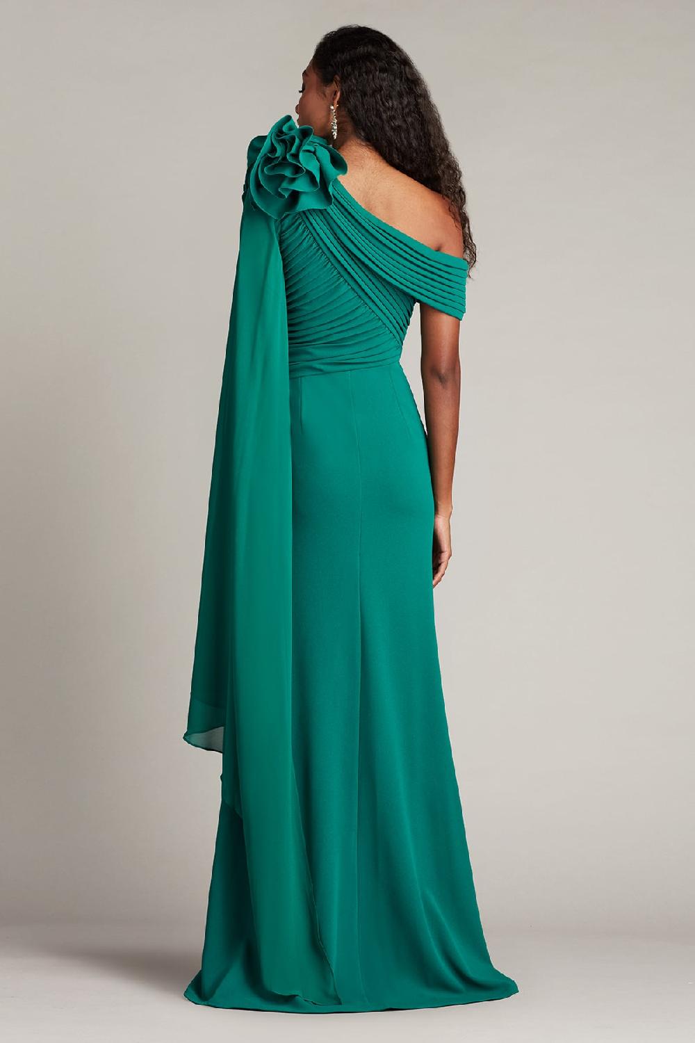 Tadashi Shoji Kamari Draped Rosette Shoulder Gown