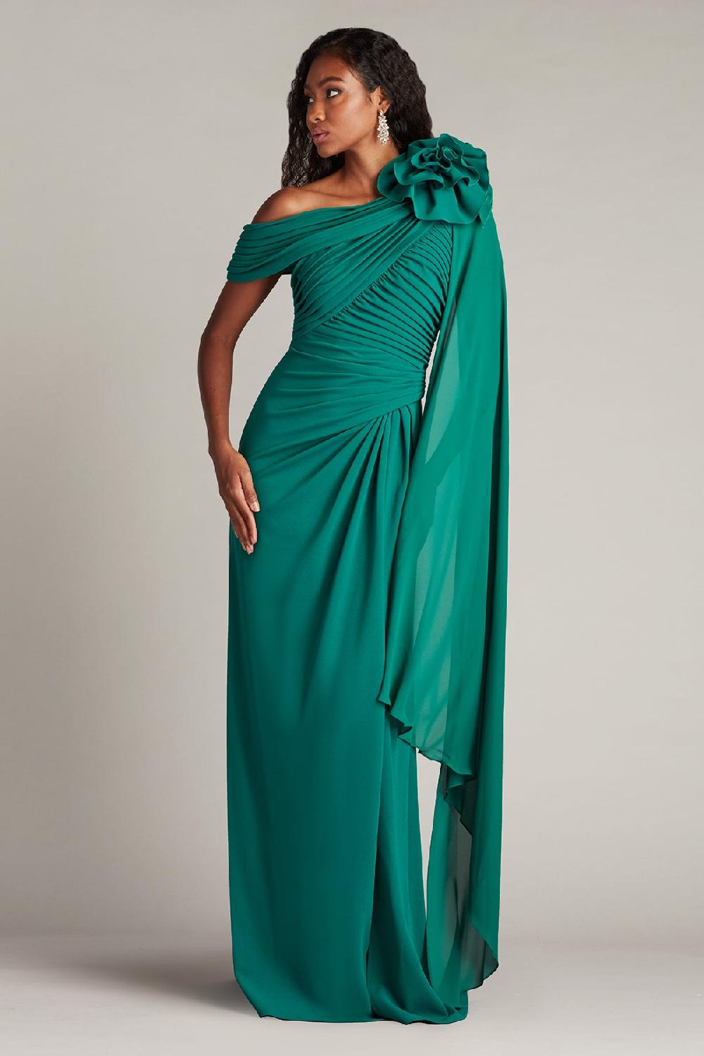 Tadashi Shoji Kamari Draped Rosette Shoulder Gown