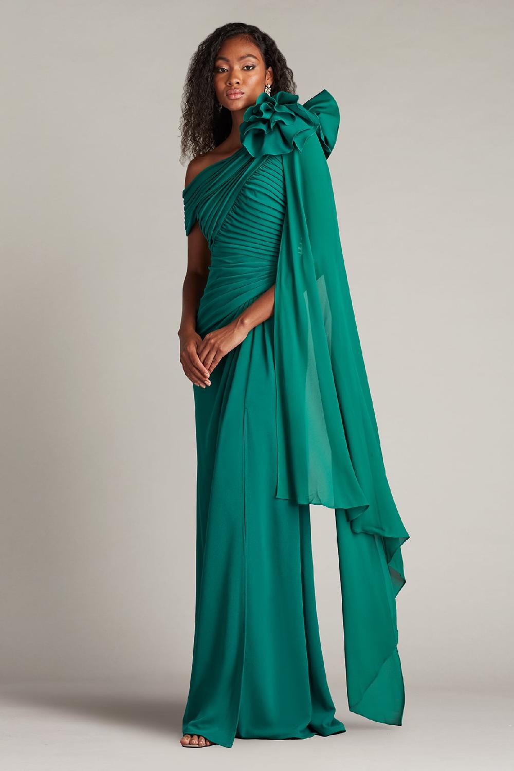 Tadashi Shoji Kamari Draped Rosette Shoulder Gown