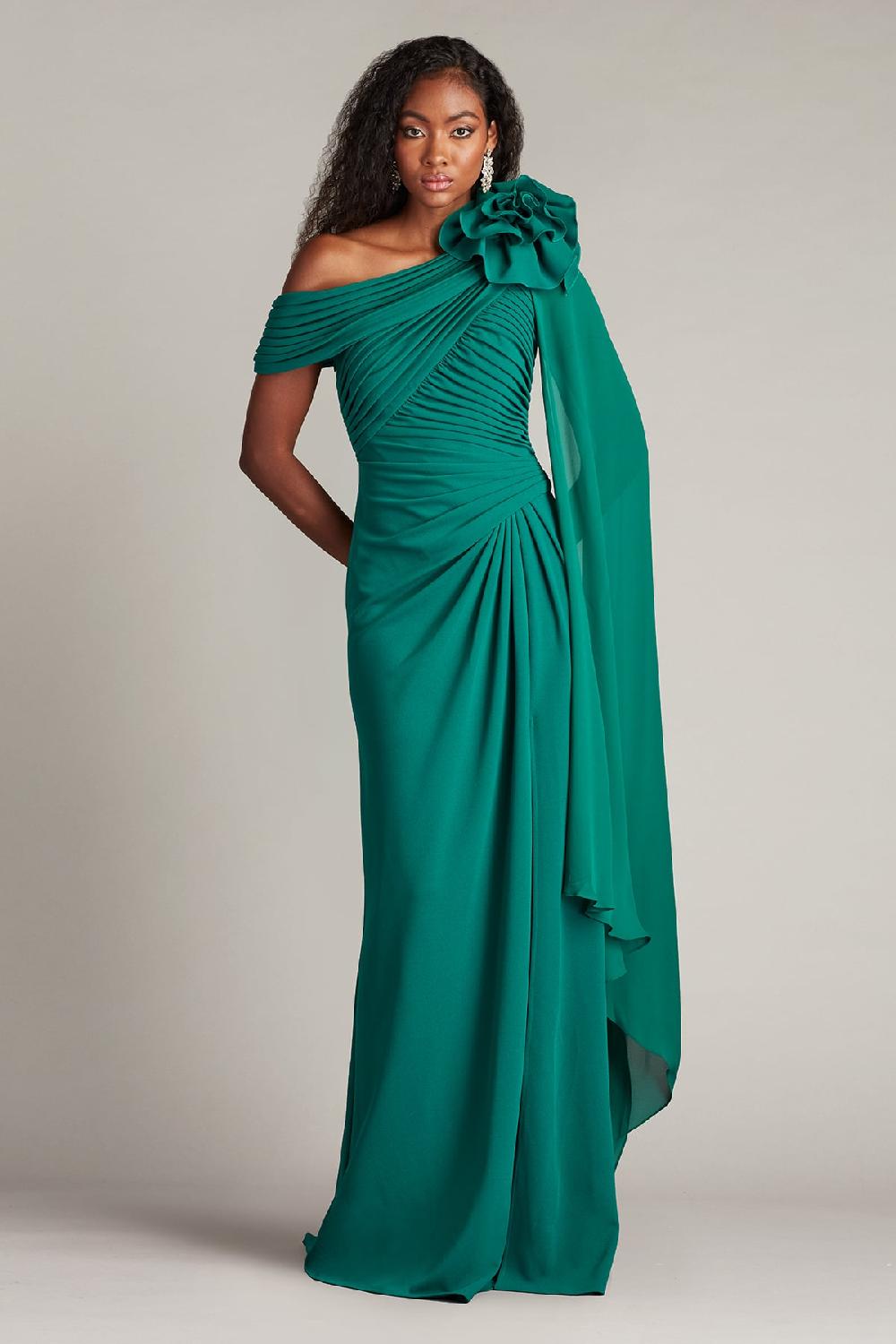 tadashi shoji Kamari Draped Rosette Shoulder Gown