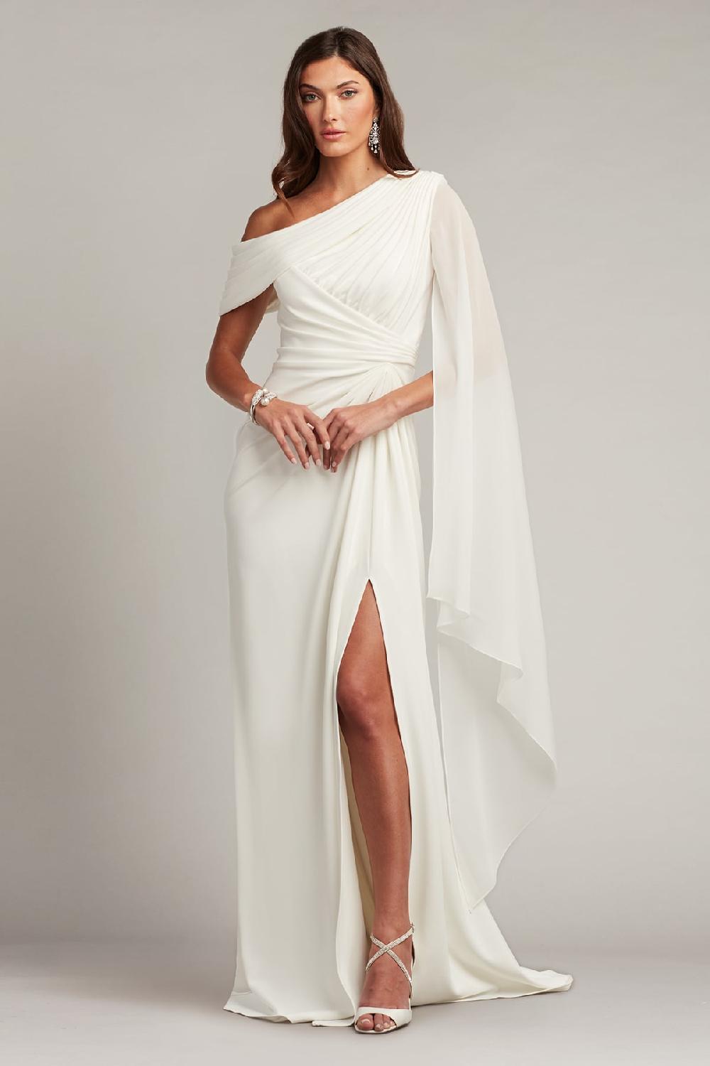 Tadashi Shoji Quill Draped Cape Sleeve Gown