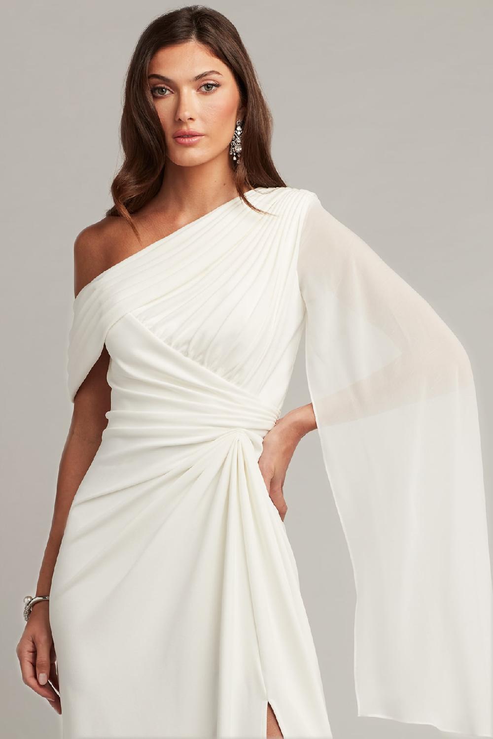 Tadashi Shoji Quill Draped Cape Sleeve Gown