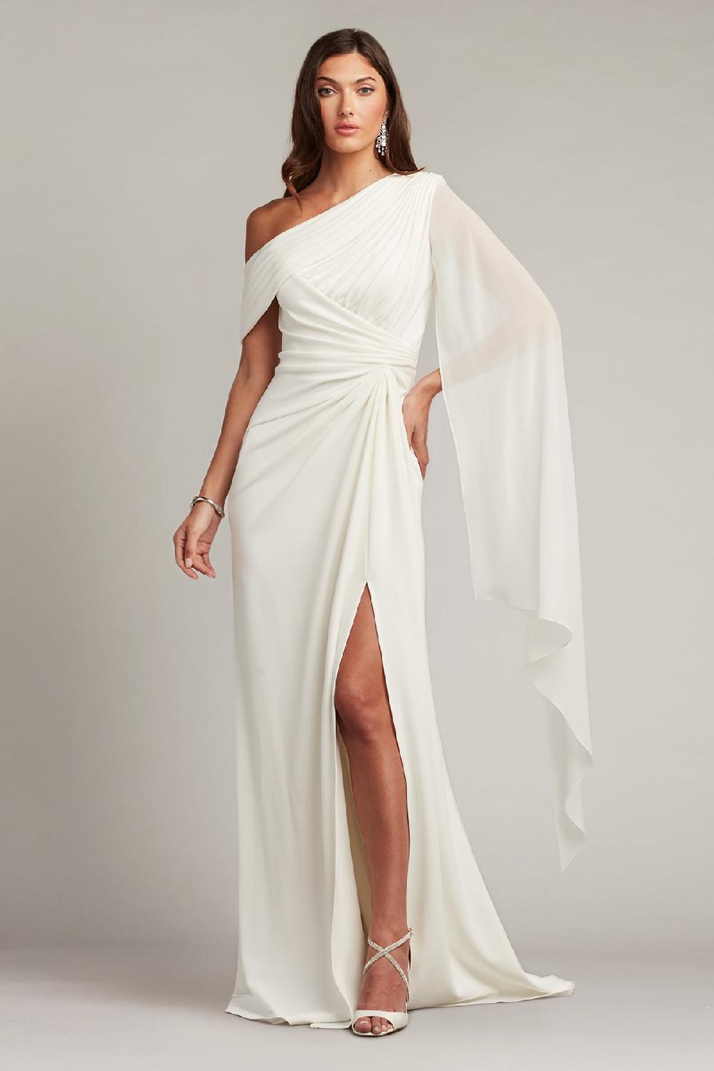 tadashi shoji Quill Draped Cape Sleeve Gown