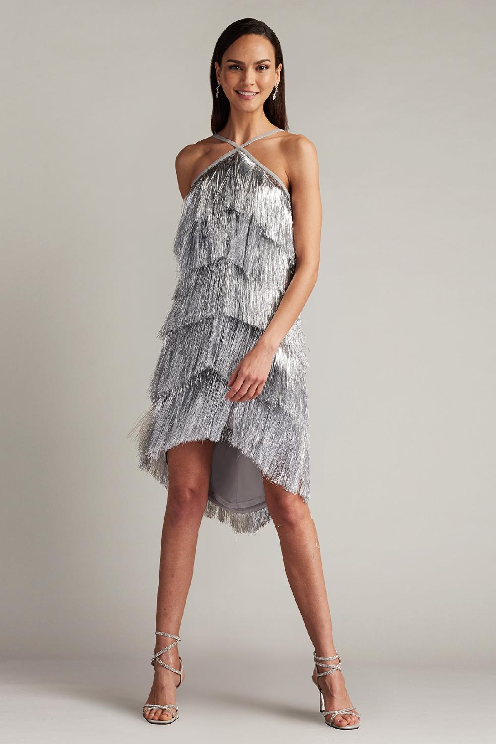 Tadashi Shoji Remedy Metallic Fringe Mini Dress