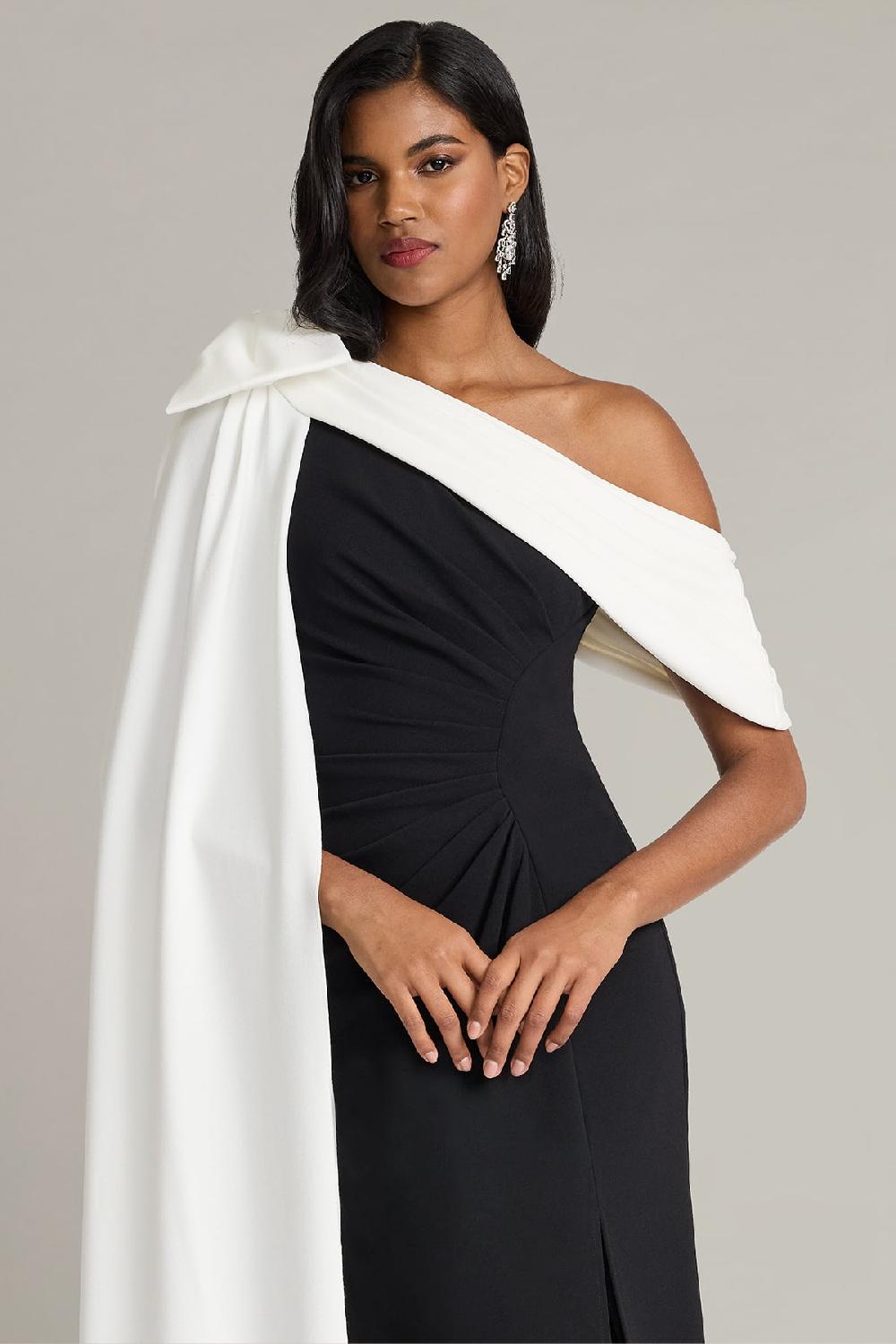 Tadashi Shoji Romi One-Shoulder Bow Cape Gown