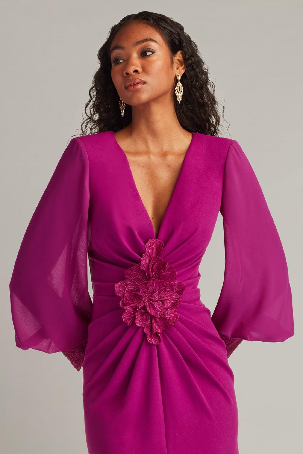 Tadashi Shoji Sahana Bishop Sleeve Plunge Gown