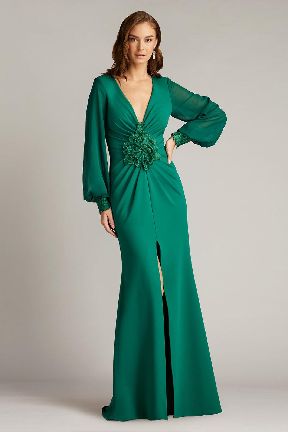 Tadashi Shoji Sahana Bishop Sleeve Plunge Gown