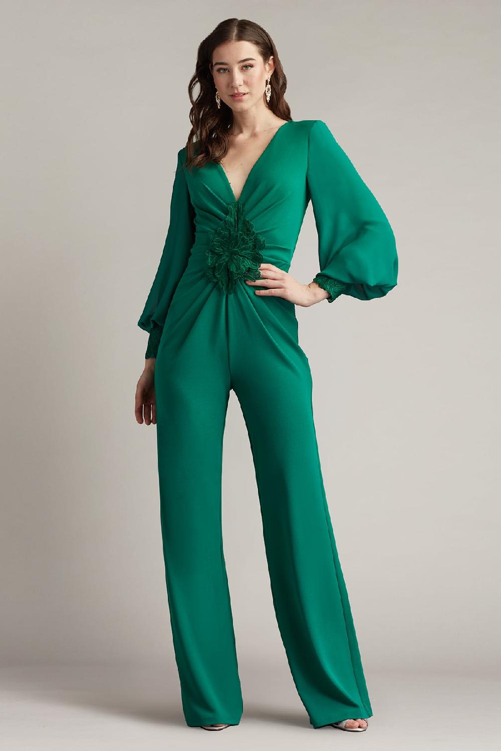 tadashi shoji Sahana Bishop Sleeve Plunge Jumpsuit
