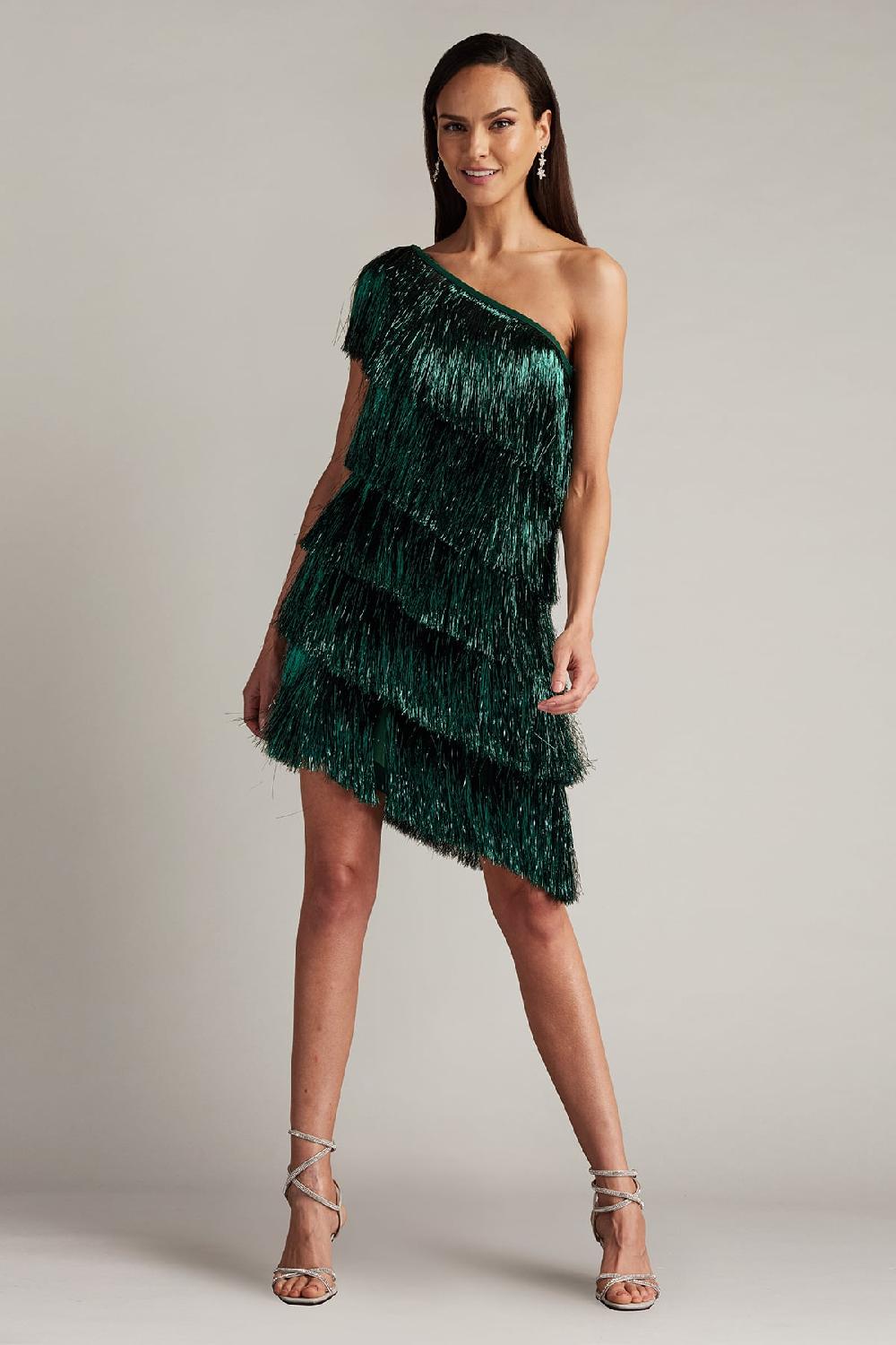 tadashi shoji Sonny Metallic Fringe Mini Dress