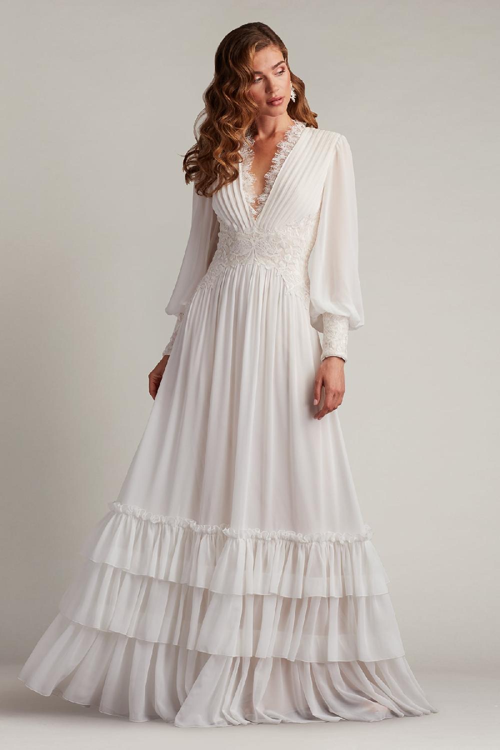 tadashi shoji Topanga Tiered Bishop Sleeve Gown