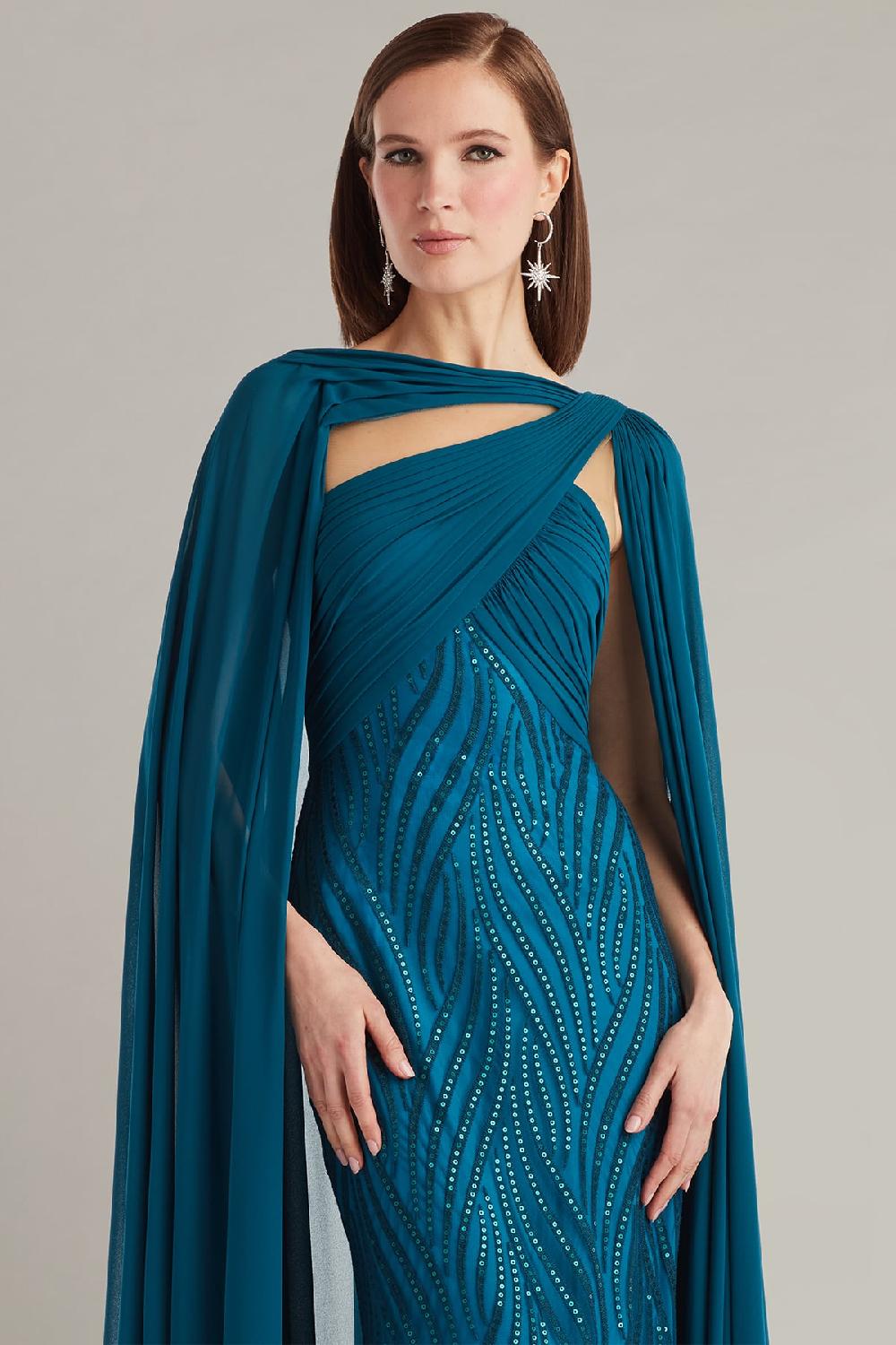 Tadashi Shoji Tullett Sequin Embroidered Cape Gown