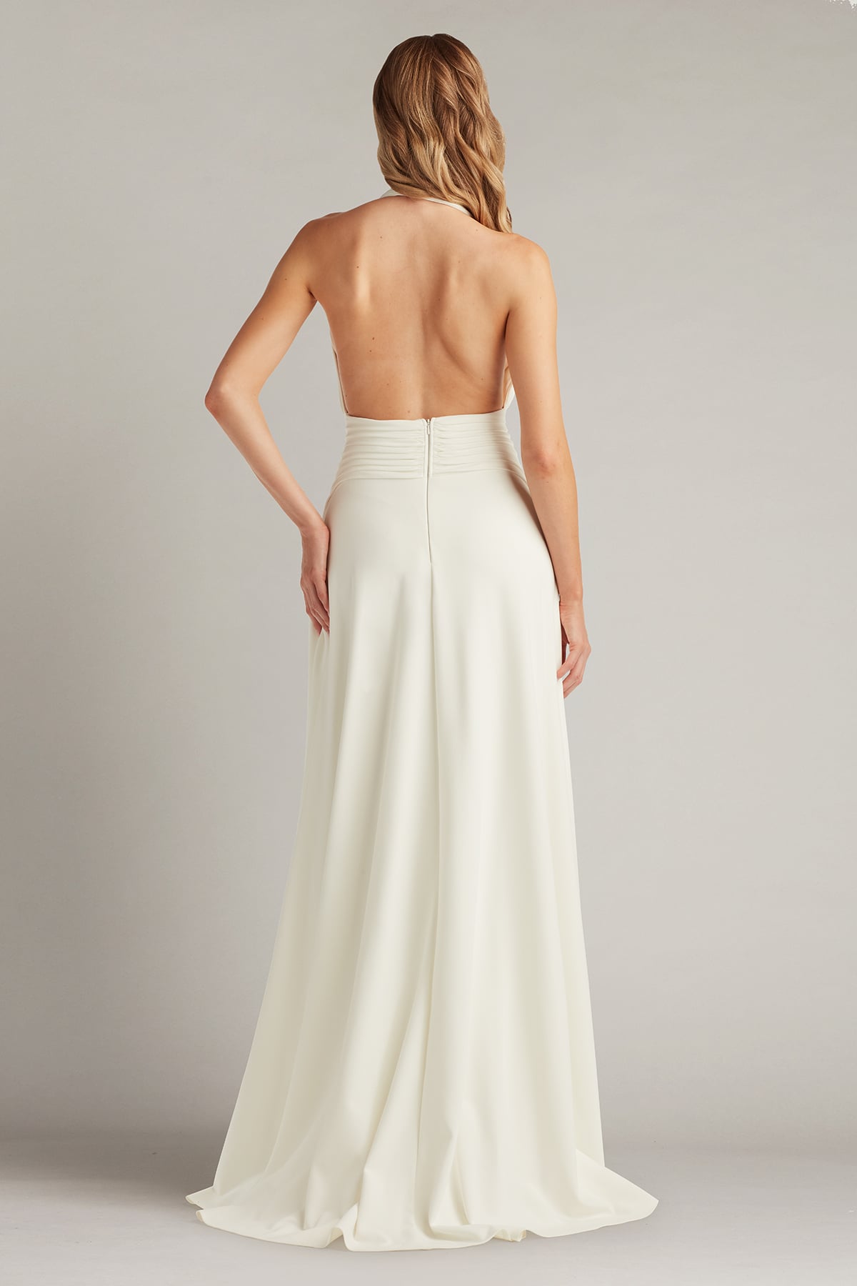 Tadashi Shoji Zarelle Pleated Crepe Halter Gown