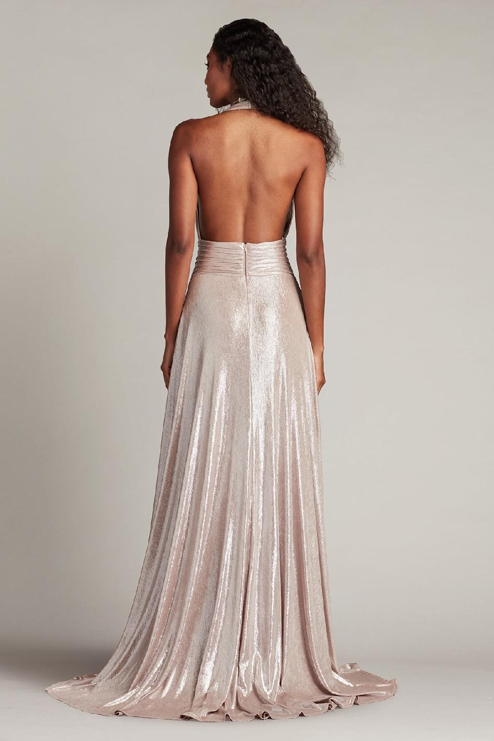 Tadashi Shoji Zarelle Pleated Metallic Halter Gown