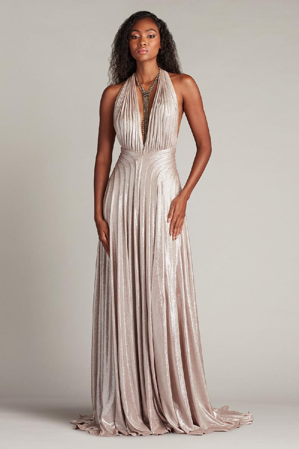 Tadashi Shoji Zarelle Pleated Metallic Halter Gown