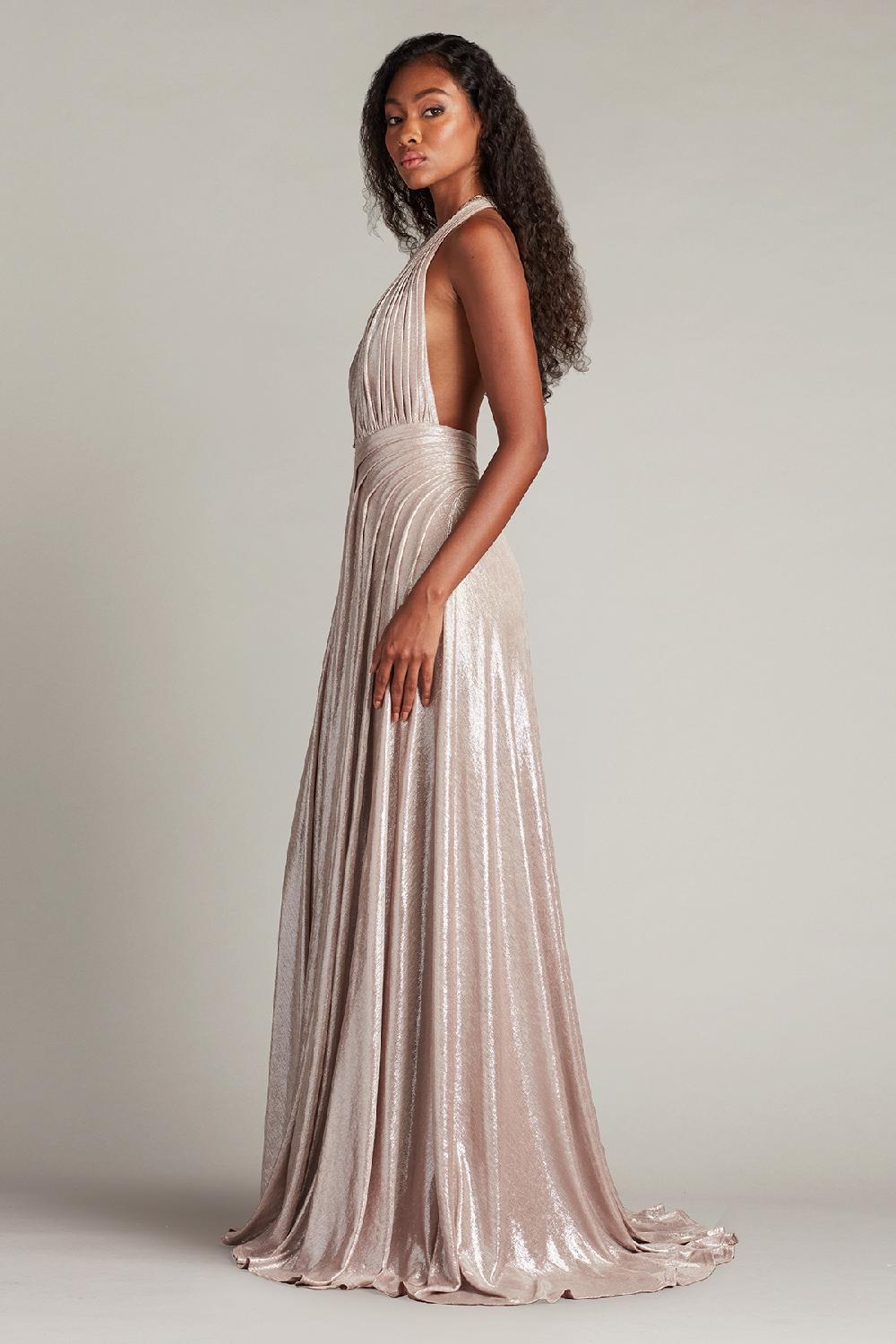 Tadashi Shoji Zarelle Pleated Metallic Halter Gown