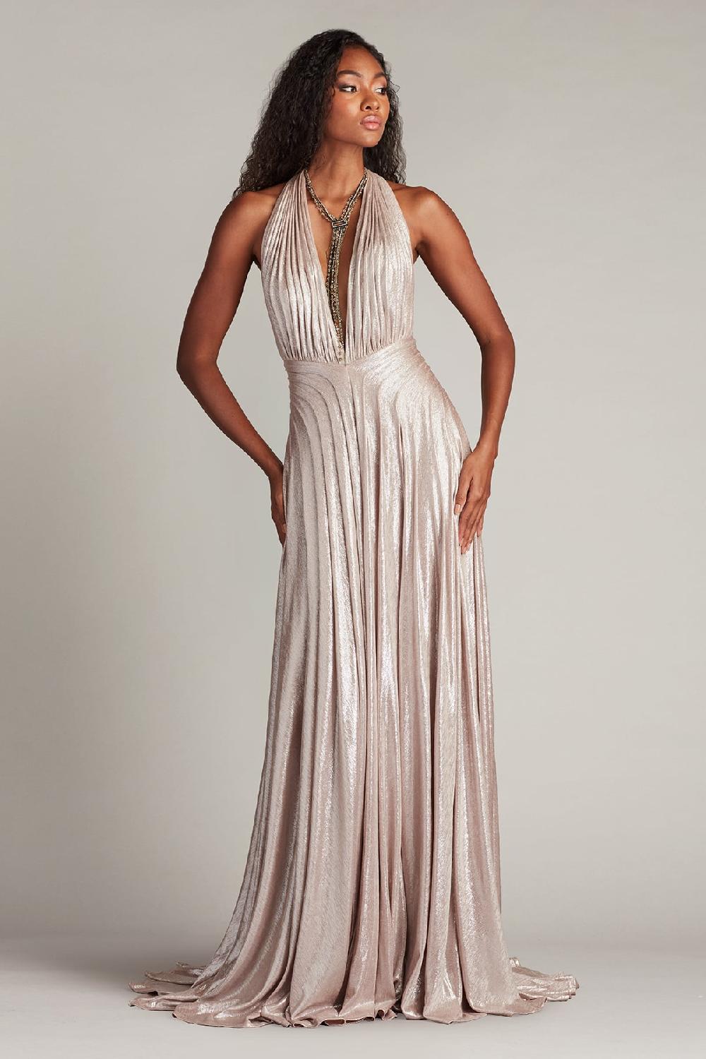 tadashi shoji Zarelle Pleated Metallic Halter Gown