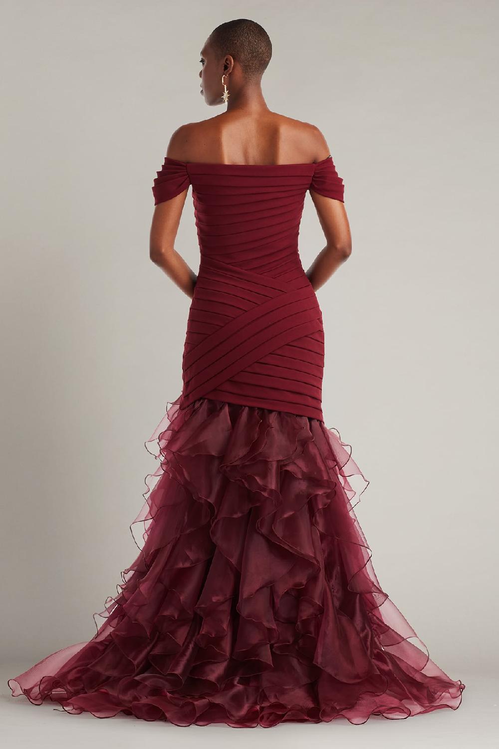 Tadashi Shoji Vail Shutter-Pleated Crepe And Organza Gown