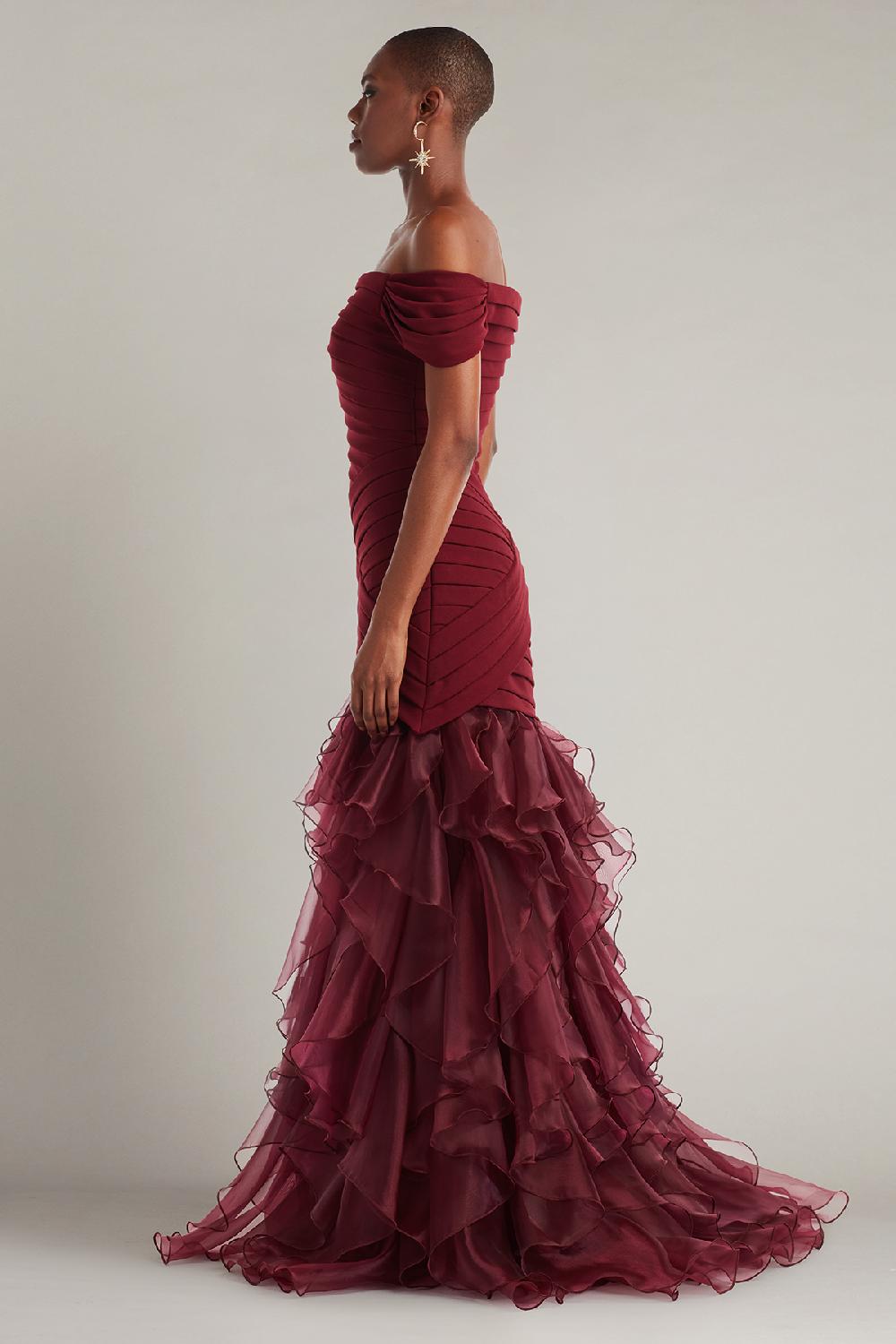 Tadashi Shoji Vail Shutter-Pleated Crepe And Organza Gown