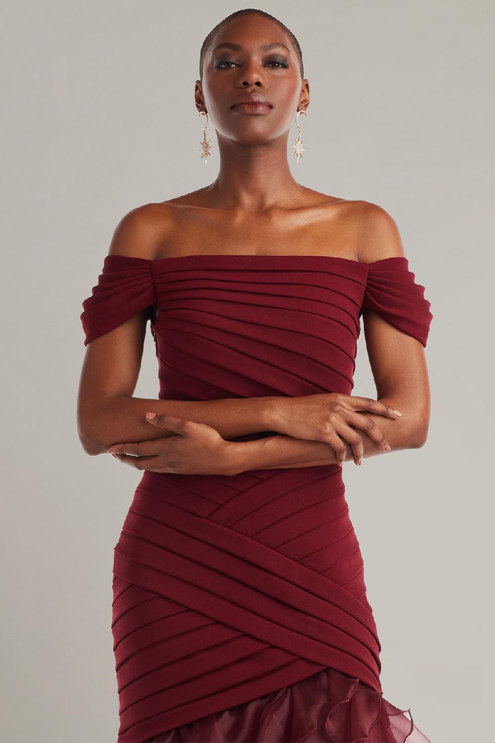 Tadashi Shoji Vail Shutter-Pleated Crepe And Organza Gown