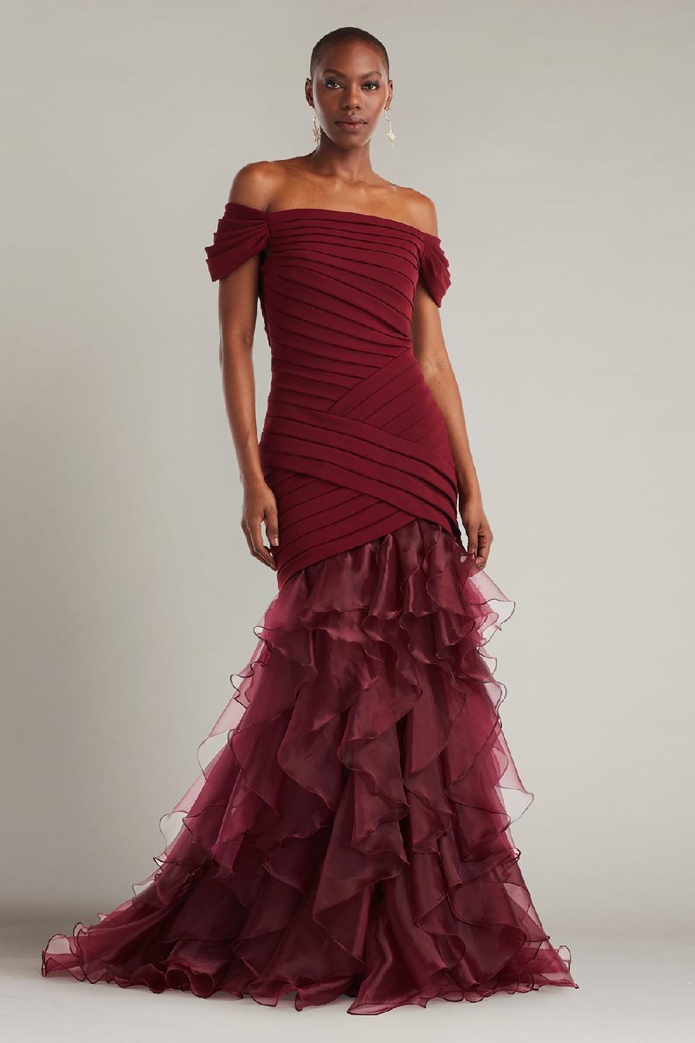 tadashi shoji Vail Shutter-Pleated Crepe and Organza Gown