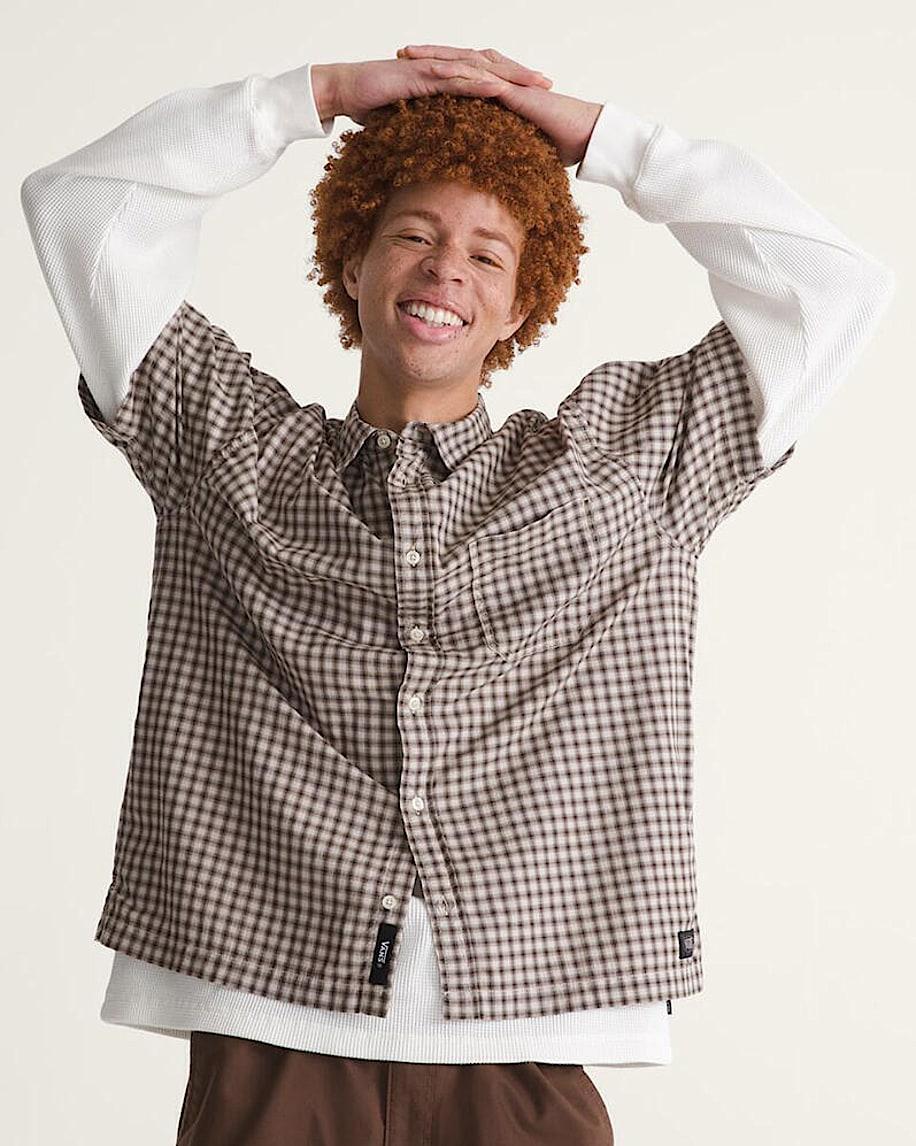 Taka Hayashi For Vault By Vans Larkspur Mini Plaid Shirt Oatmeal Beige Demitasse Brown